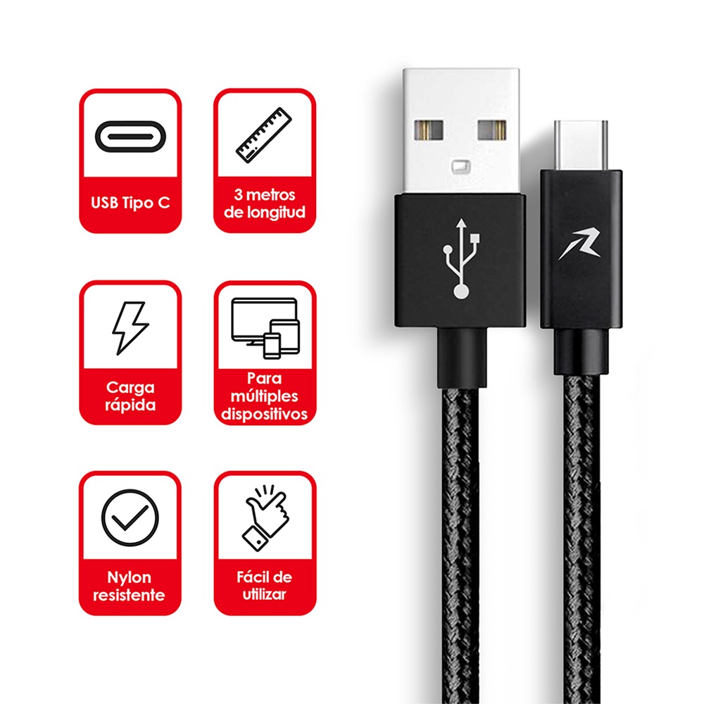 Foto 3 pulgar | Cable USB Tipo C Redlemon 78573 Negro de 3 m de Nylon Ultra Resistente para Celular/Tablet/Nintendo Switch