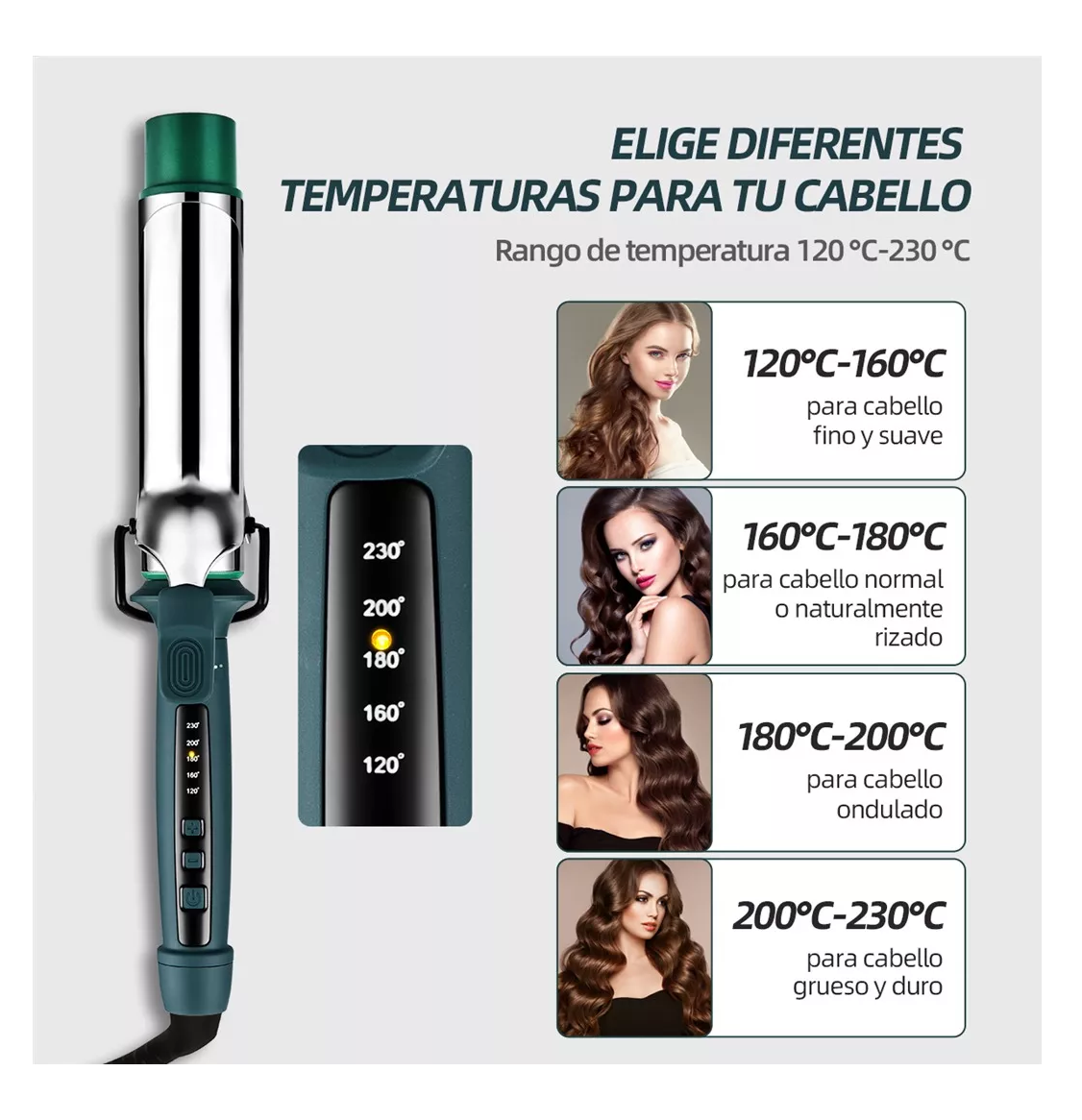 Foto 5 pulgar | Rizadora De Cabello Cerámica 40mm Ferro Tenaza Pelo, Verde Fuerte