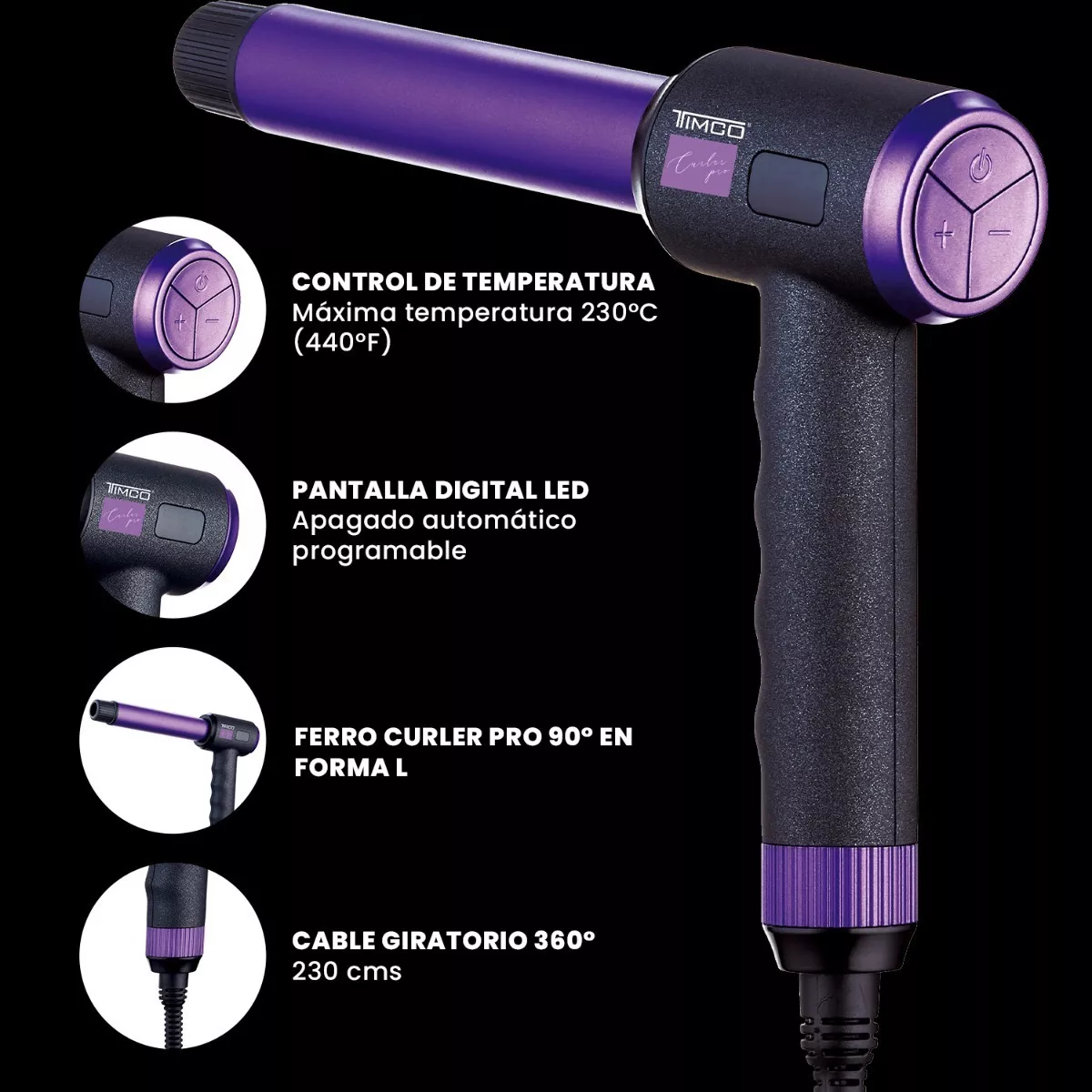Foto 3 pulgar | Ferro Curler Timco Tcxr Pro 90 Grados Rizador Morado Con Negro