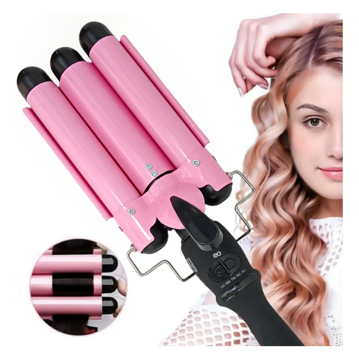 Foto 4 pulgar | Waflera Fd Triple Rizadora De Cabello Ondas Playeras Eo Safe Imports Esi-20163 Rosa