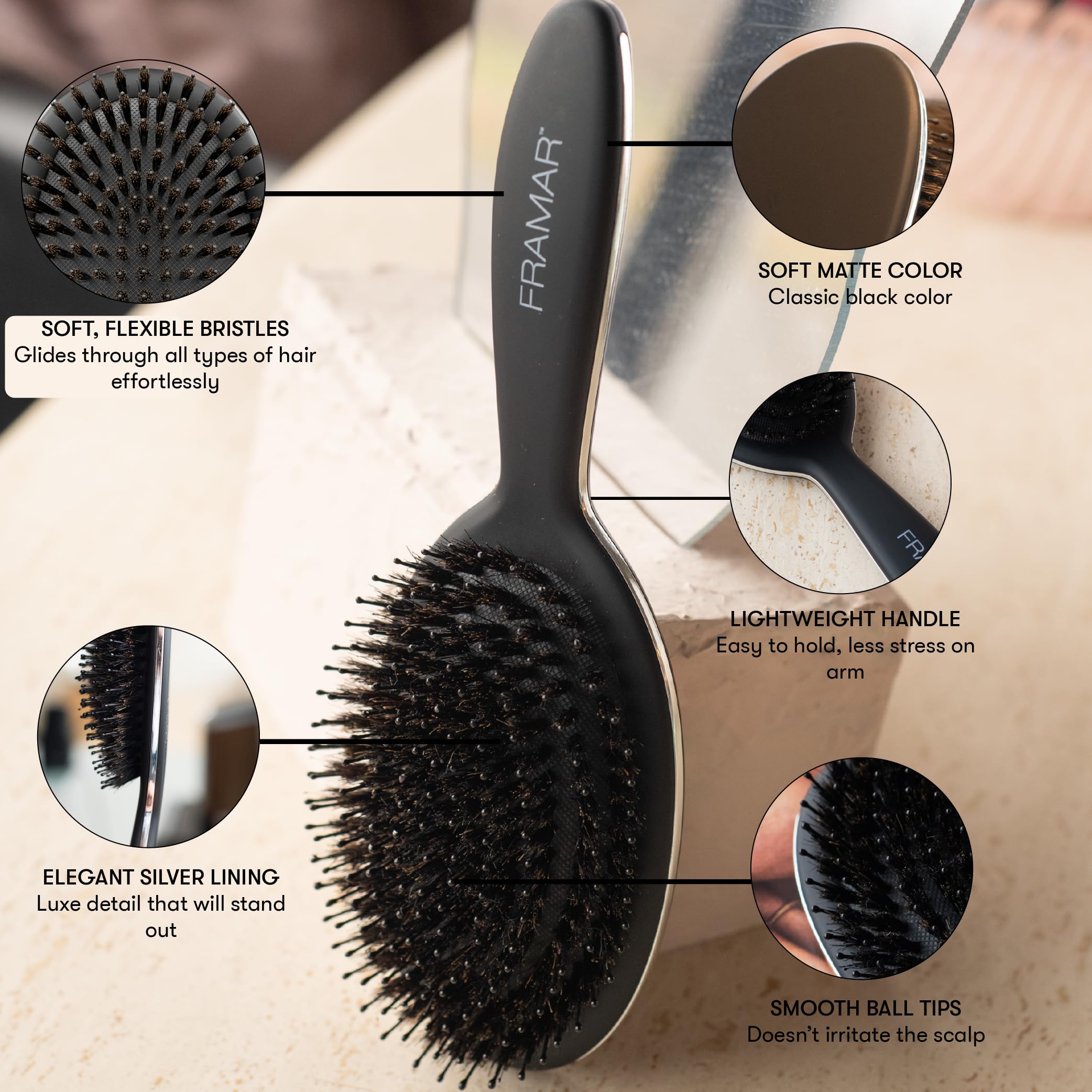 Foto 3 pulgar | Cepillo De Pelo Framar Soft Boar Bristle Para Mujer - Negro - Venta Internacional.