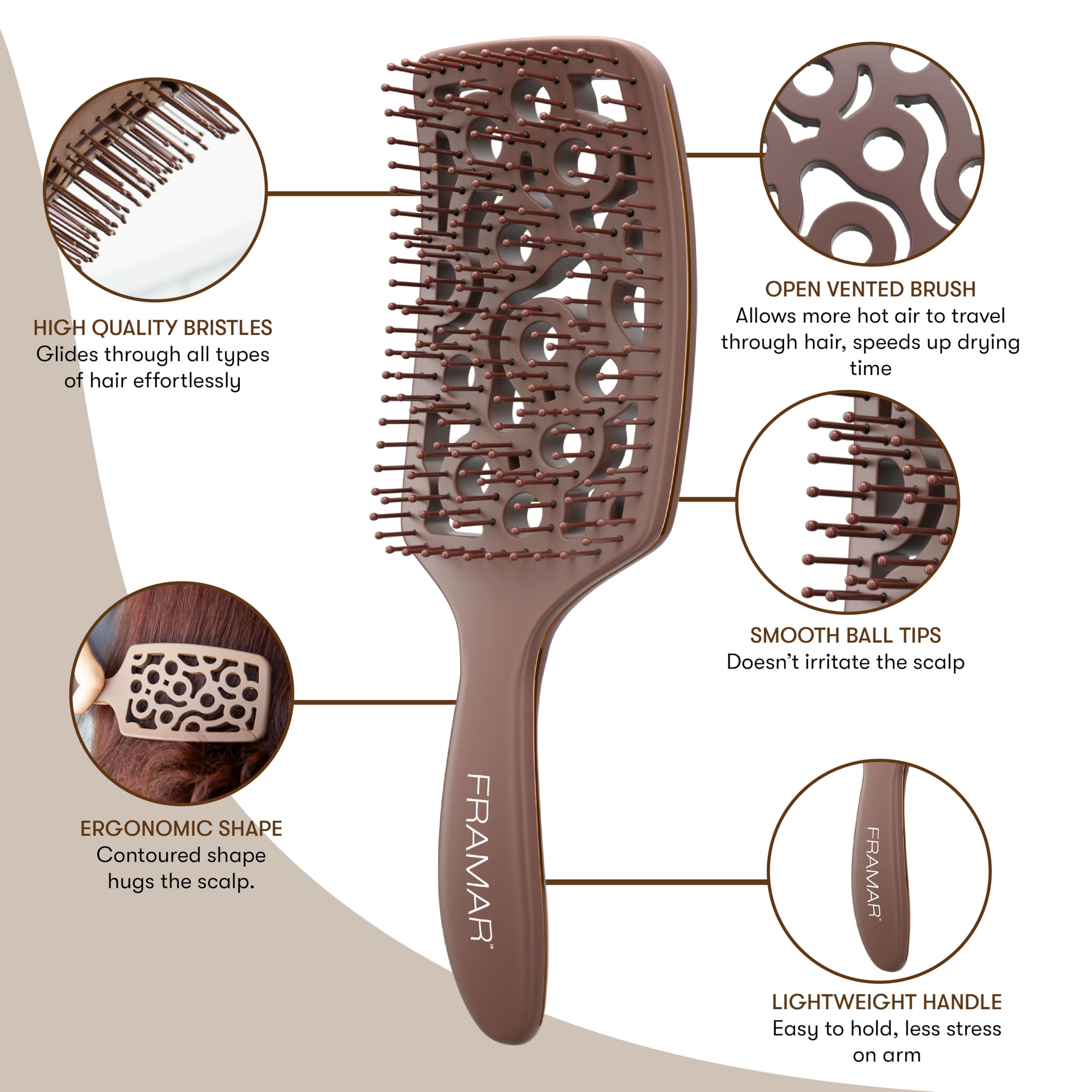 Foto 4 | Cepillo De Pelo Framar Professional  Ventilado Y Curvo  Color Chocolate - Venta Internacional.