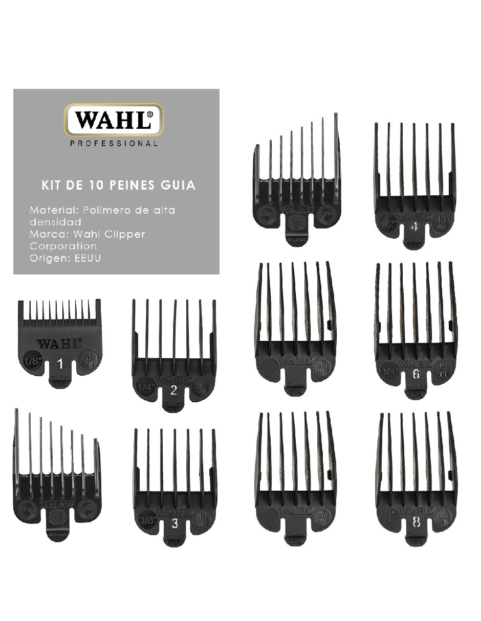 Foto 3 pulgar | Peines Guía Negros Wahl De Plástico Con 10 Piezas