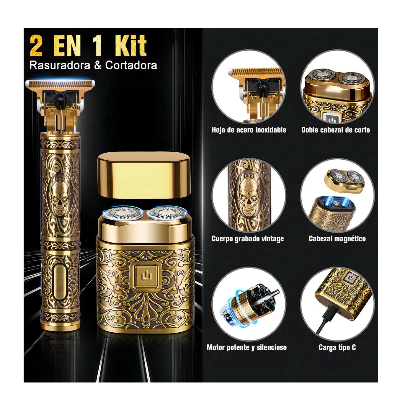 Foto 2 | Máquina para Cortar Cabello Recargable Belug Dorada con 6 Peines Guía