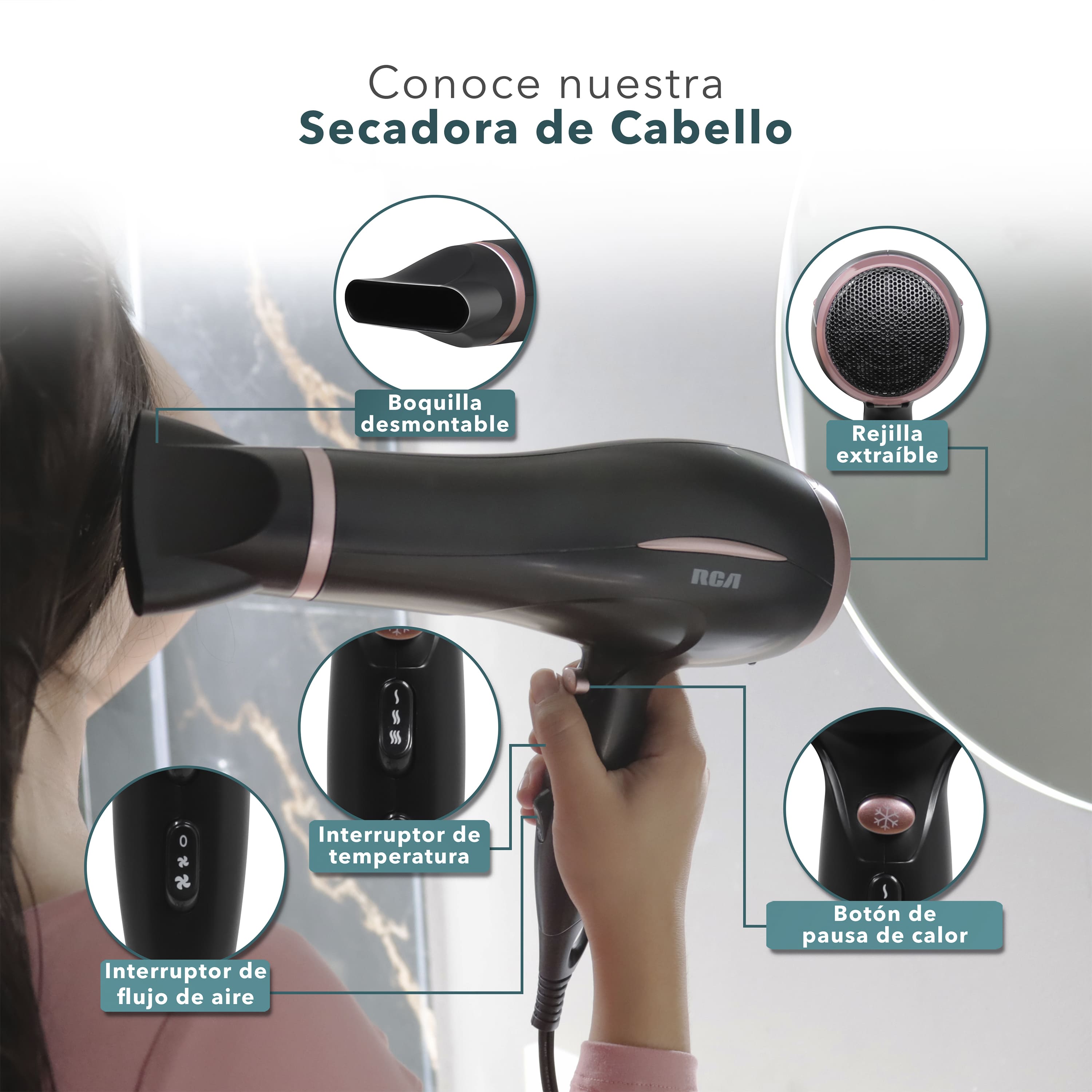 Foto 4 pulgar | Secadora de Cabello con Boquilla Desmontable  RCA RC-P15 Negra