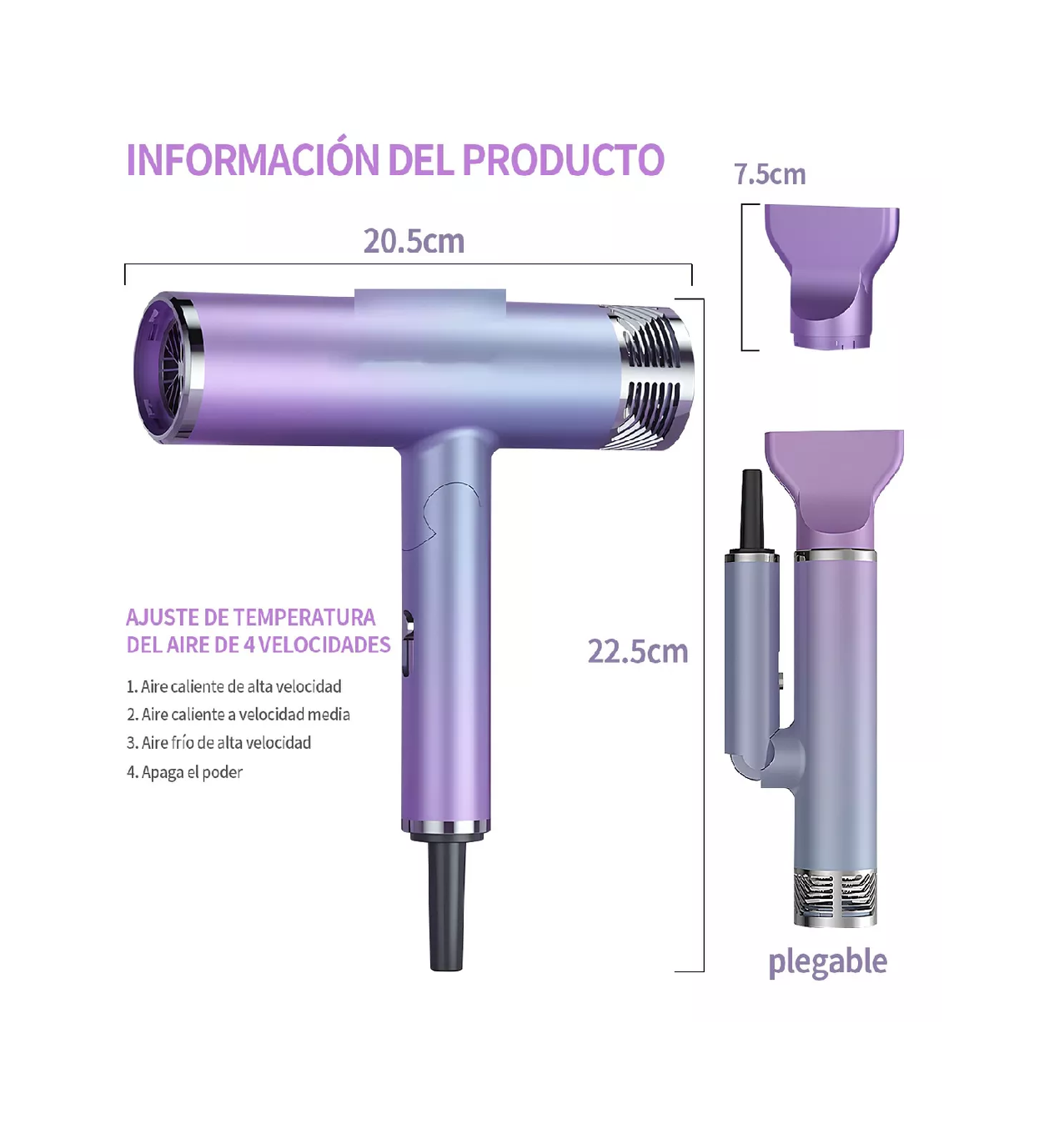 Foto 5 pulgar | Secadora De Cabello Profesional Plegable Portátil 1200w Violeta