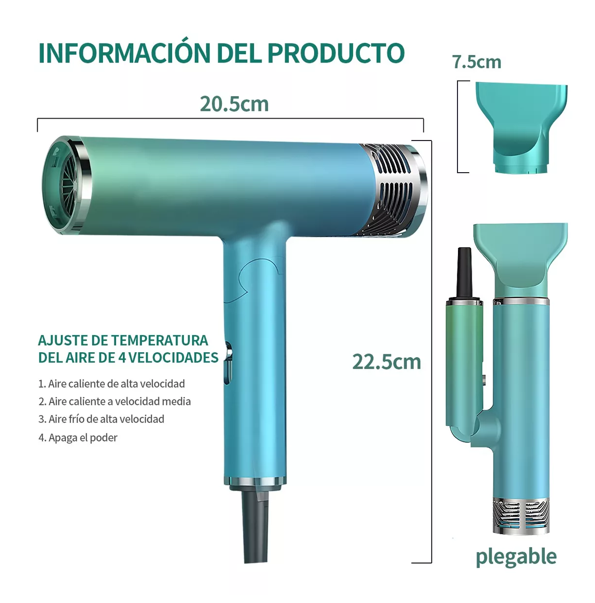 Foto 4 pulgar | Secadora De Cabello Profesional Plegable Portátil 1200w, Verde