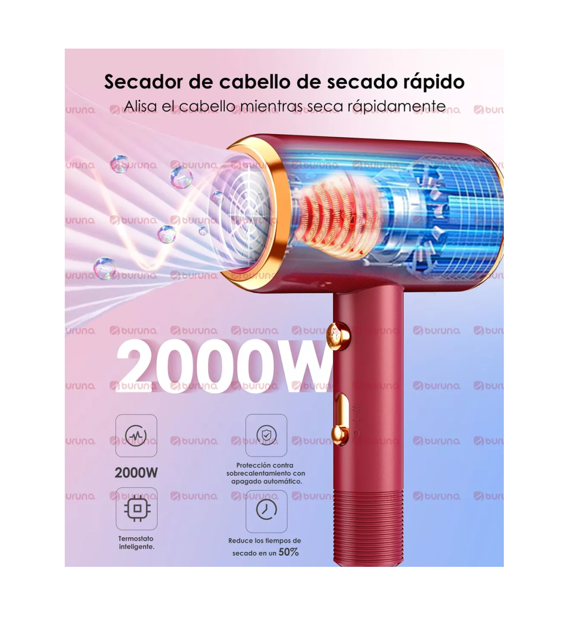 Foto 2 | Secadora para Cabello Buruna con Difusor 2000 w Roja