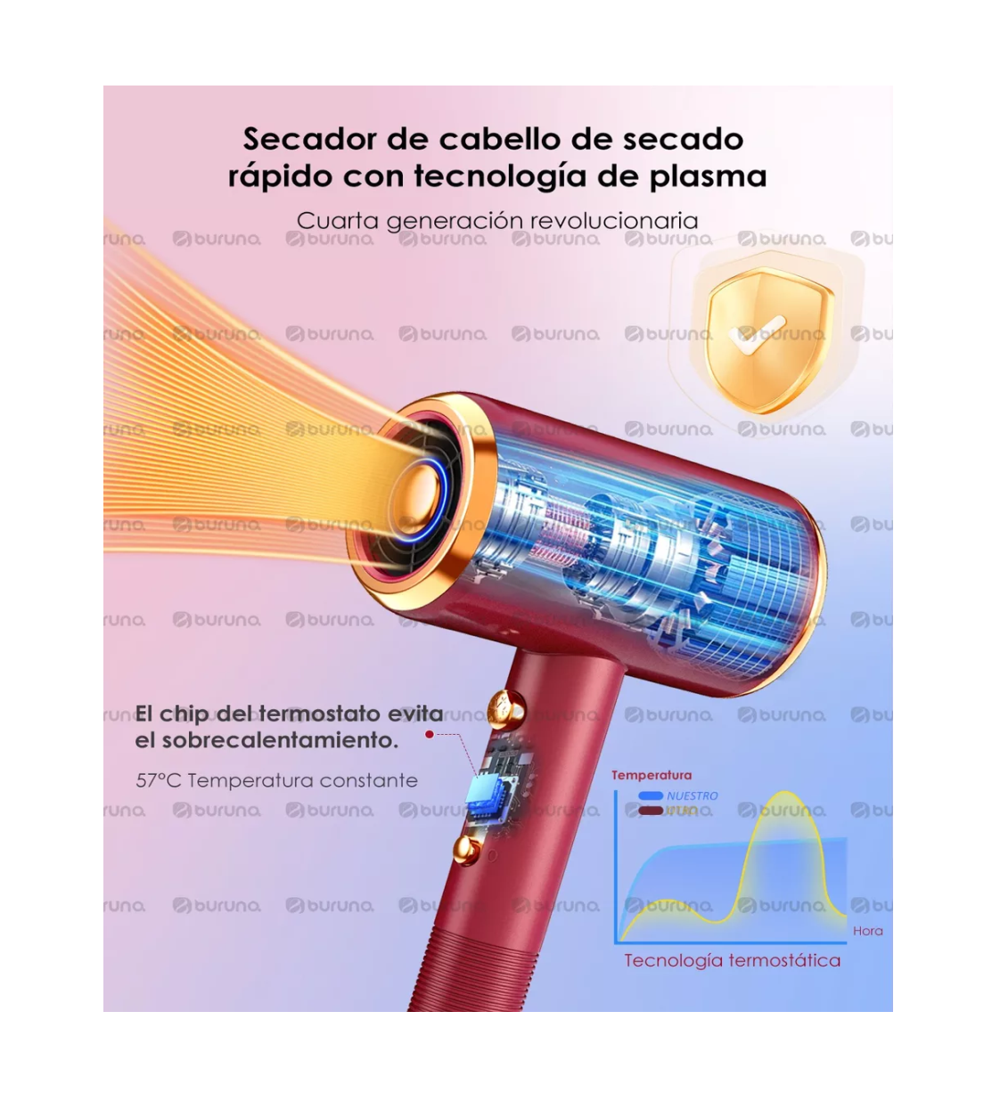 Foto 4 pulgar | Secadora para Cabello Buruna con Difusor 2000 w Roja