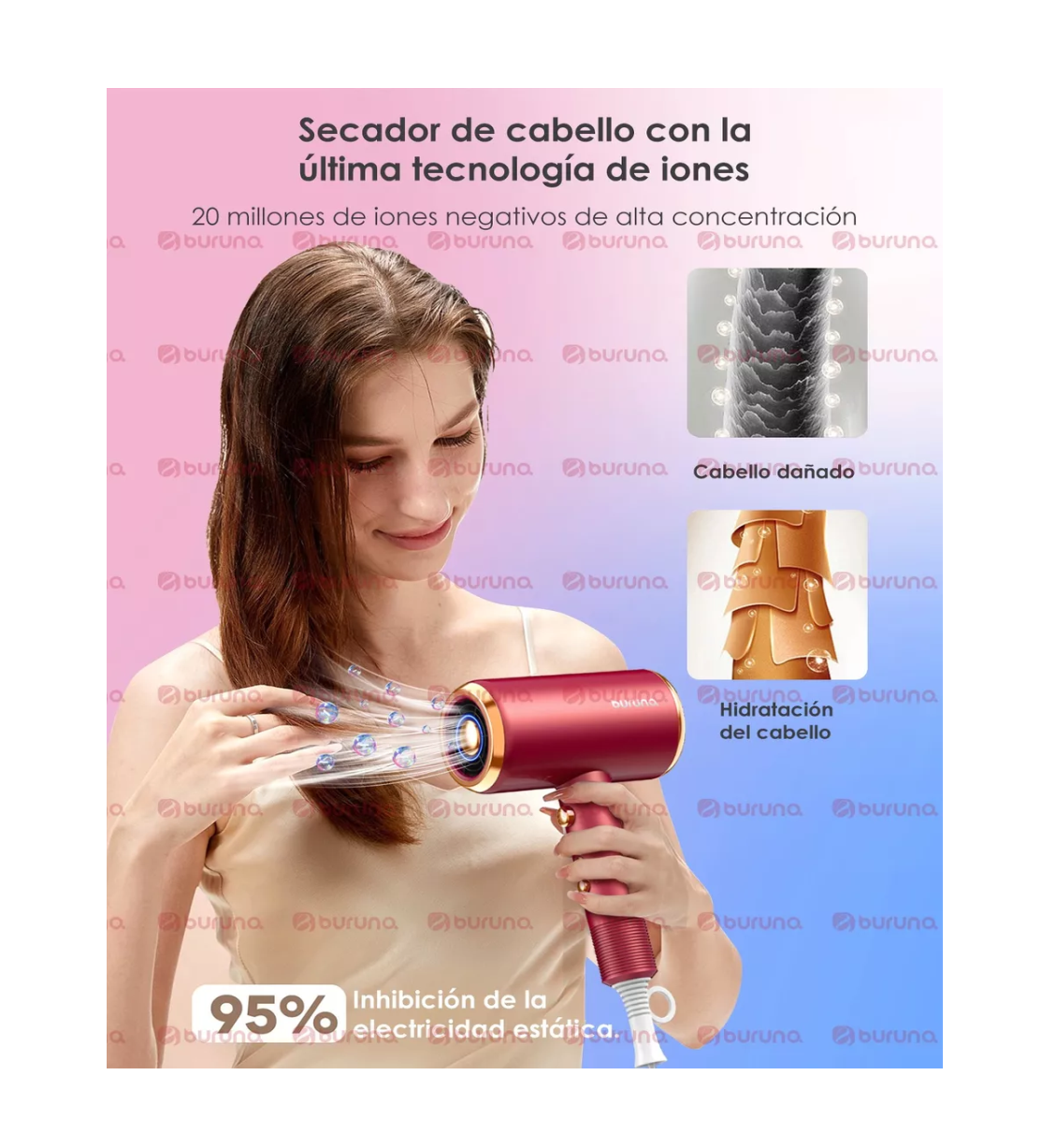 Foto 5 pulgar | Secadora para Cabello Buruna con Difusor 2000 w Roja