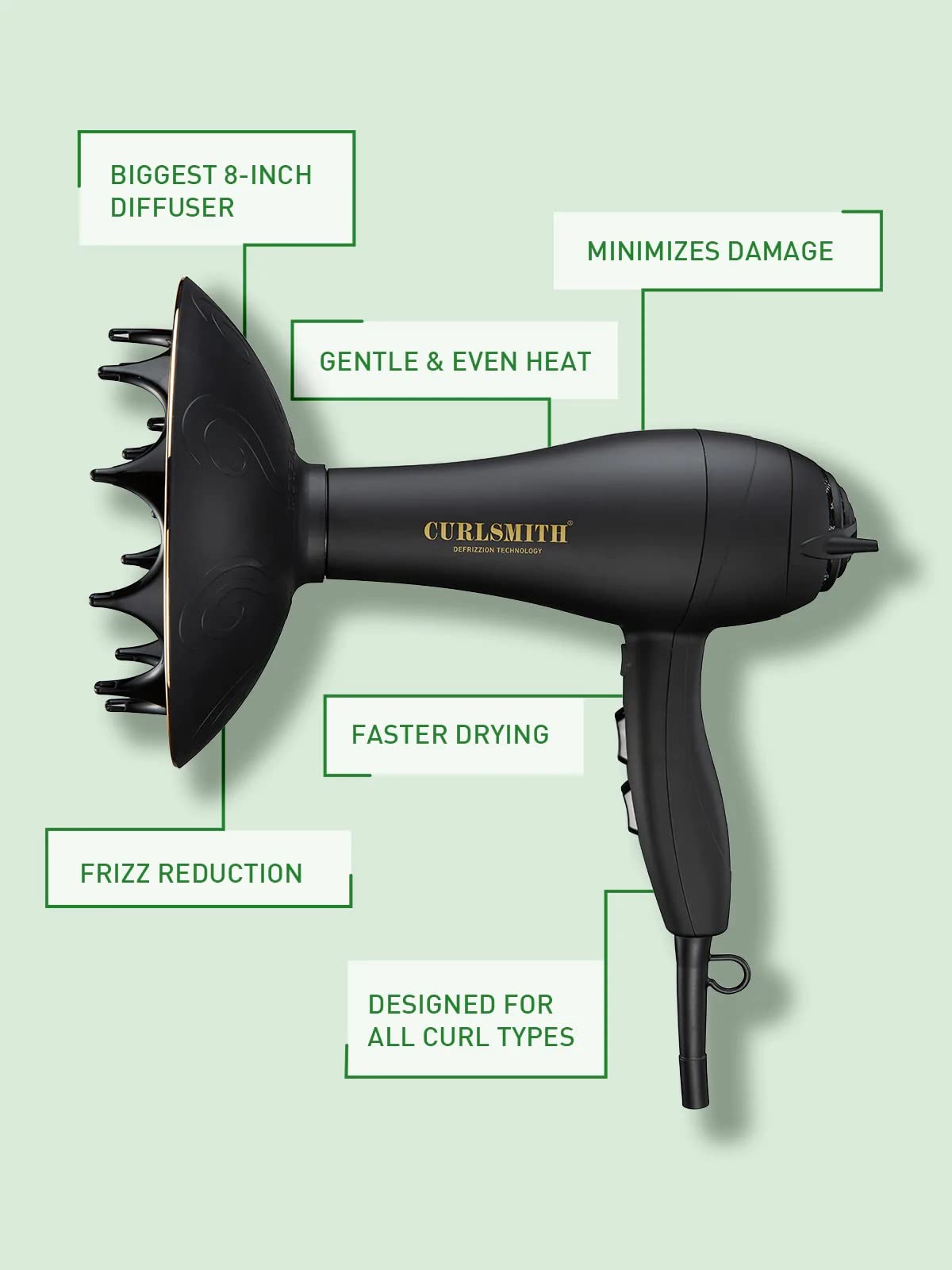 Foto 3 pulgar | Secador De Pelo Curlsmith Defrizzion Para Cabello Rizado Con 8 Difusores - Venta Internacional.