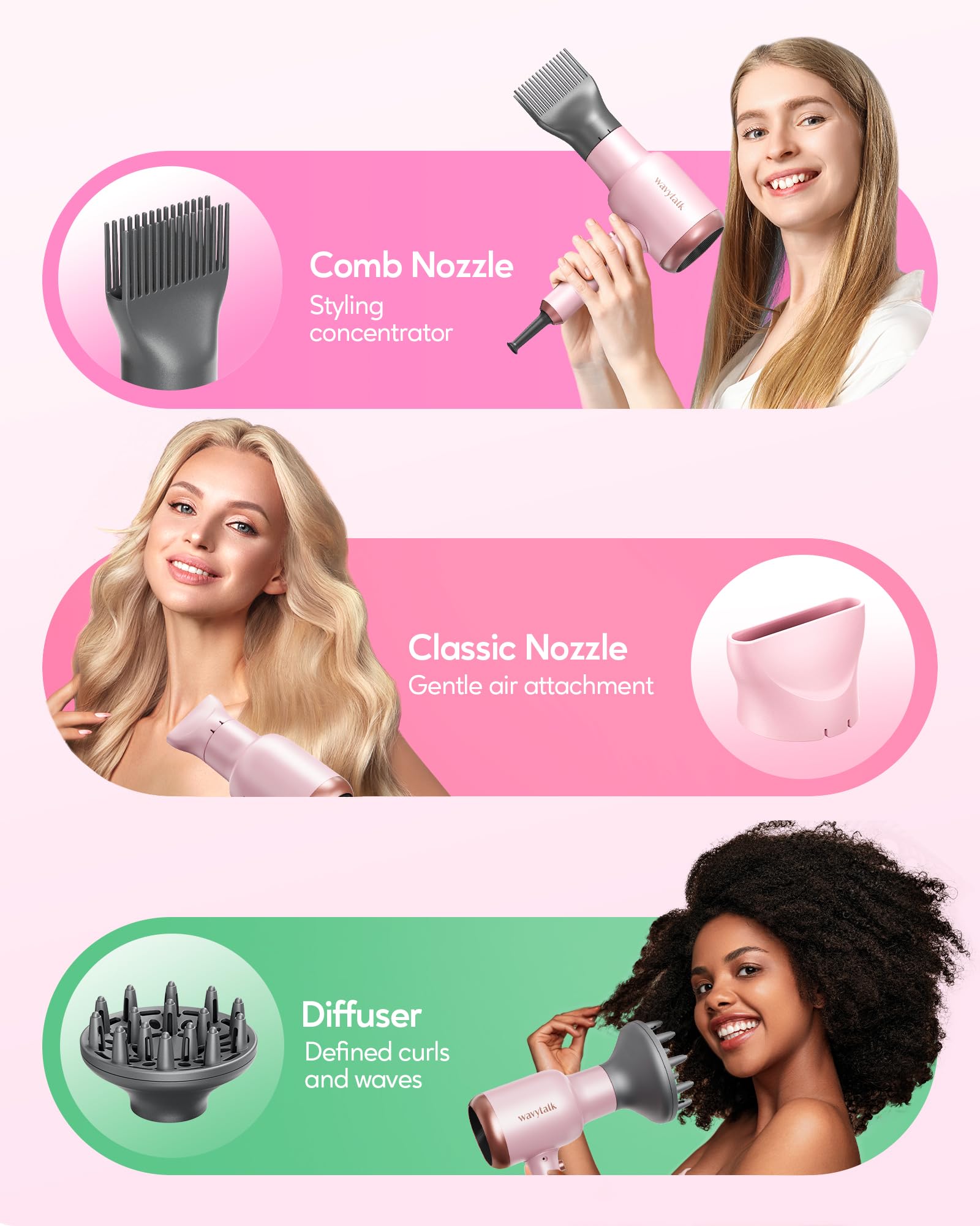 Foto 5 pulgar | Secador De Pelo Wavytalk Professional 1875w Con Difusor Rosa - Venta Internacional.
