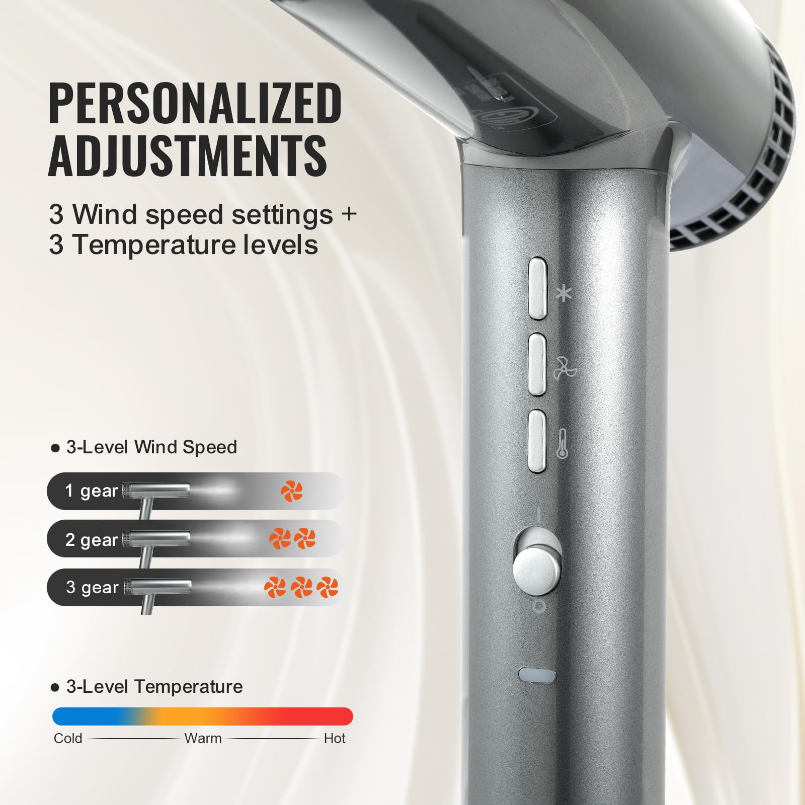 Foto 4 pulgar | Secador De Pelo Vevor Professional 1875 W, 3 Temperaturas, 3 Velocidades, Gris Oscuro - Venta Internacional.