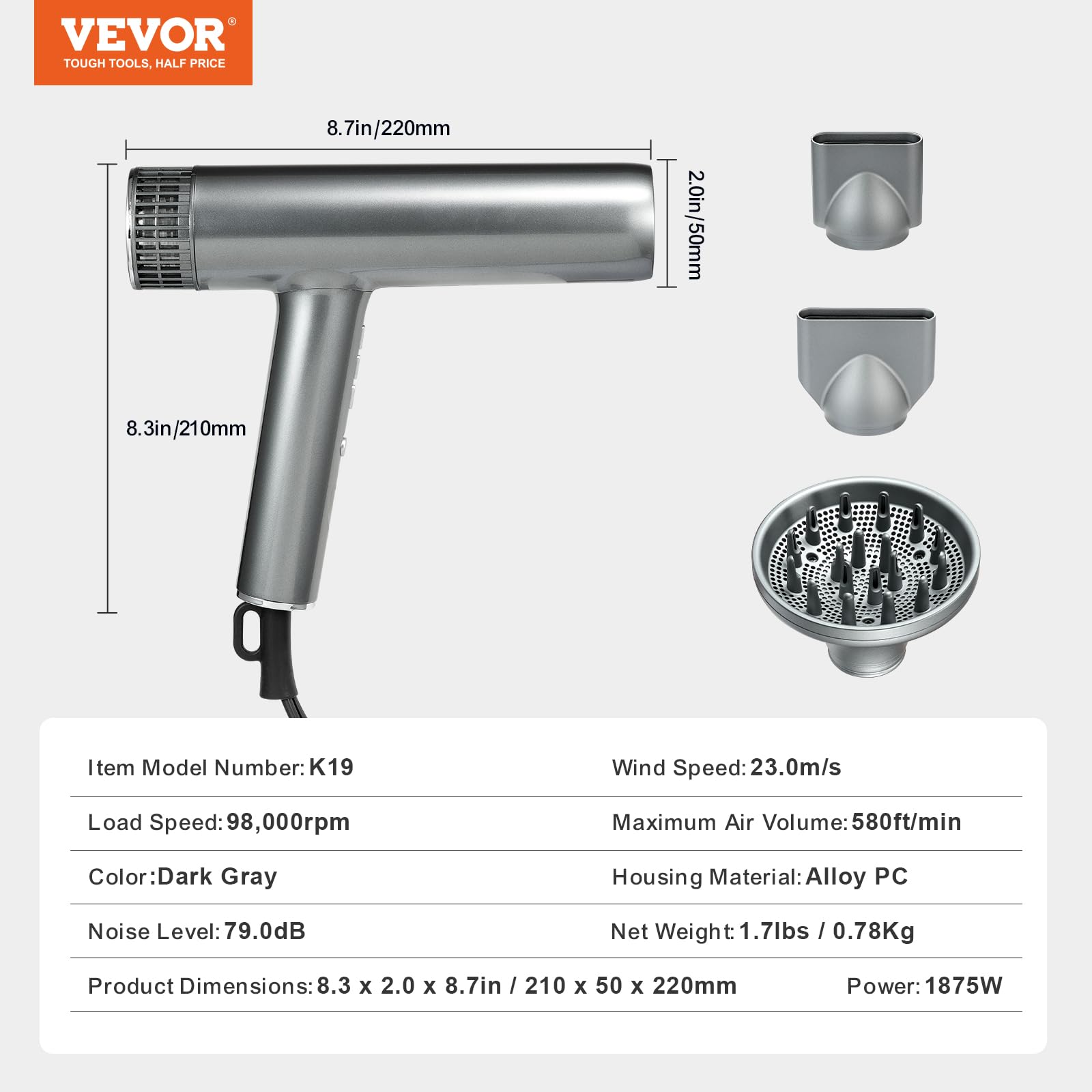 Foto 8 pulgar | Secador De Pelo Vevor Professional 1875 W, 3 Temperaturas, 3 Velocidades, Gris Oscuro - Venta Internacional.
