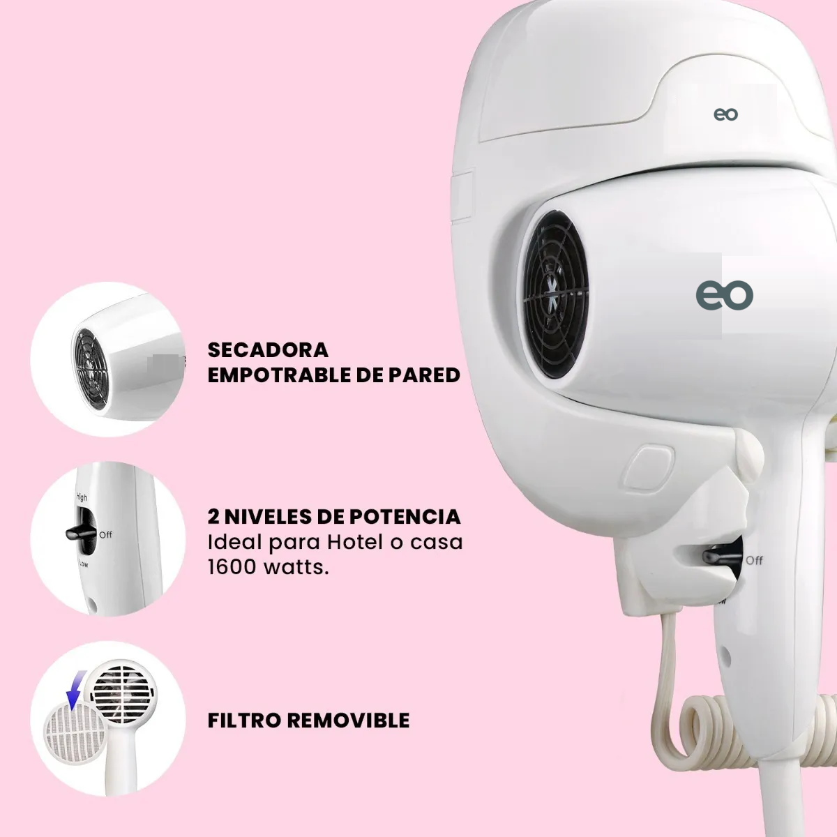 Foto 3 pulgar | Secadora De Cabello Empotrable  Eo Safe Imports Esi-20370 Blanco