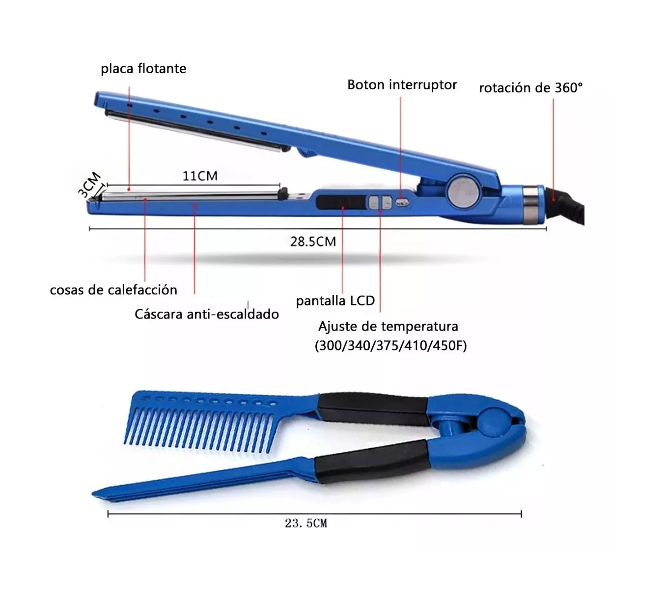 Foto 3 pulgar | Kit de Plancha Alaciadora 450° y Tenaza Rizadora Belug color Azul