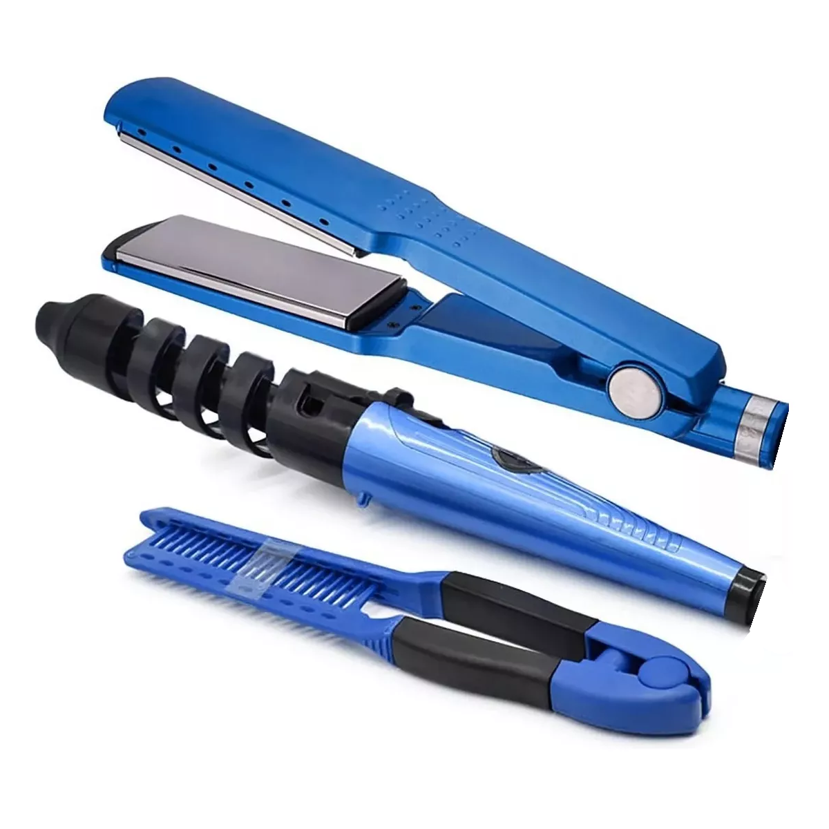 Kit De Plancha Alaciadora 450° +tenaza Rizadora Cabello Pelo Eo Safe Imports Esi-11615 Azul