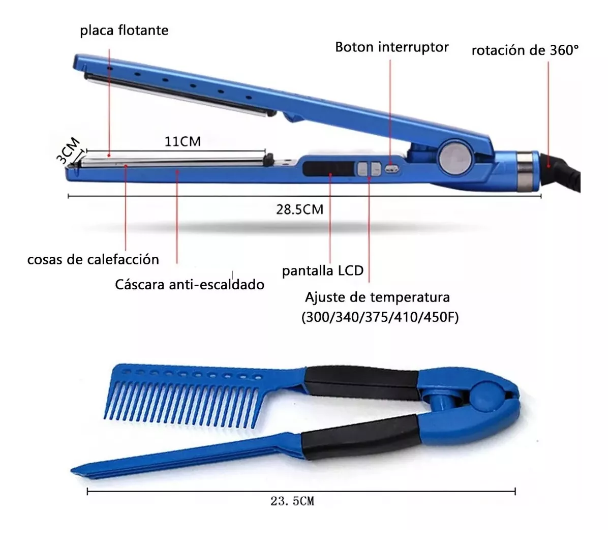 Foto 3 pulgar | Kit De Plancha Alaciadora 450° + Tenaza Rizadora Cabello, Azul