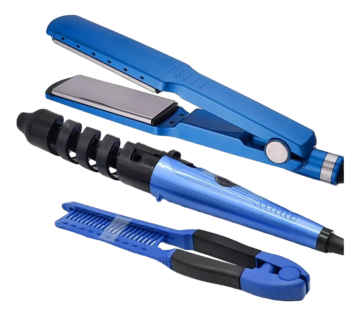 Kit de Plancha Alaciadora 450° + Tenaza Rizadora de Cabello + Peine Belug Azul