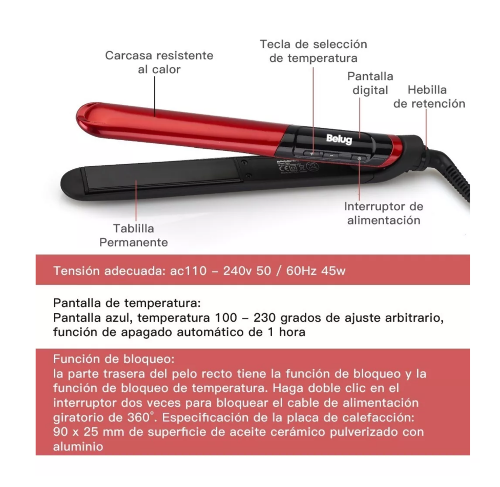 Foto 4 pulgar | Plancha De Pelo 2 En 1 Alisador Y Rizador Cerámica Digital, Negro/rojo Belug