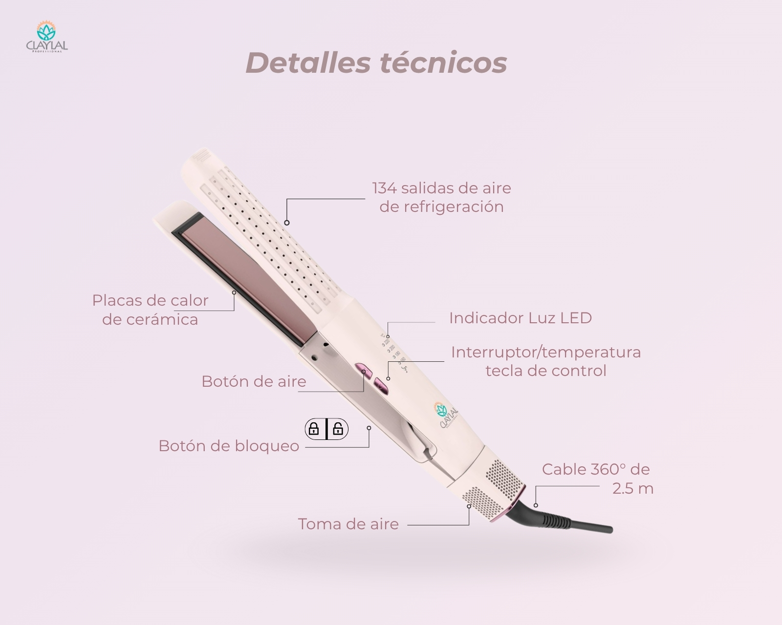 Foto 3 pulgar | Plancha para Cabello y Rizadora Clayla'L Rosa 2 en 1 Iónica Placa Cerámica con Flujo de Aire 360° para Alisar  R
