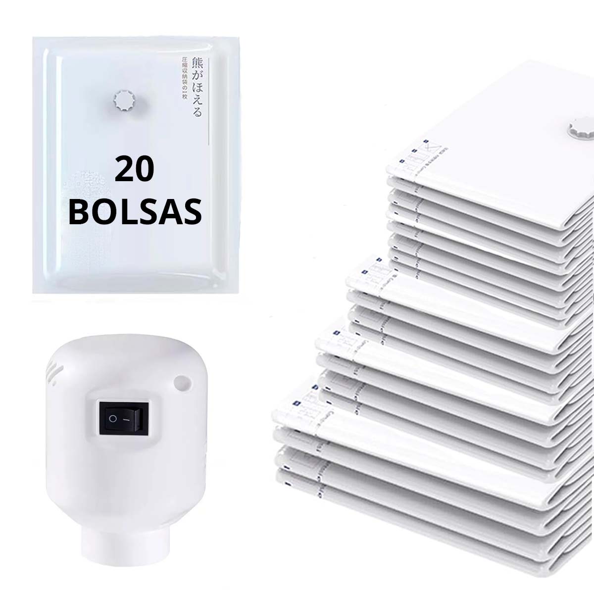 20 Bolsas Al Vacio Con Bomba Eléctrica Para Ropa Cobijas Almohadas