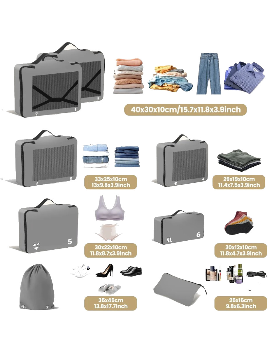 Foto 4 pulgar | 8pcs Bolsas Organizadoras De Maletas Viaje Gris