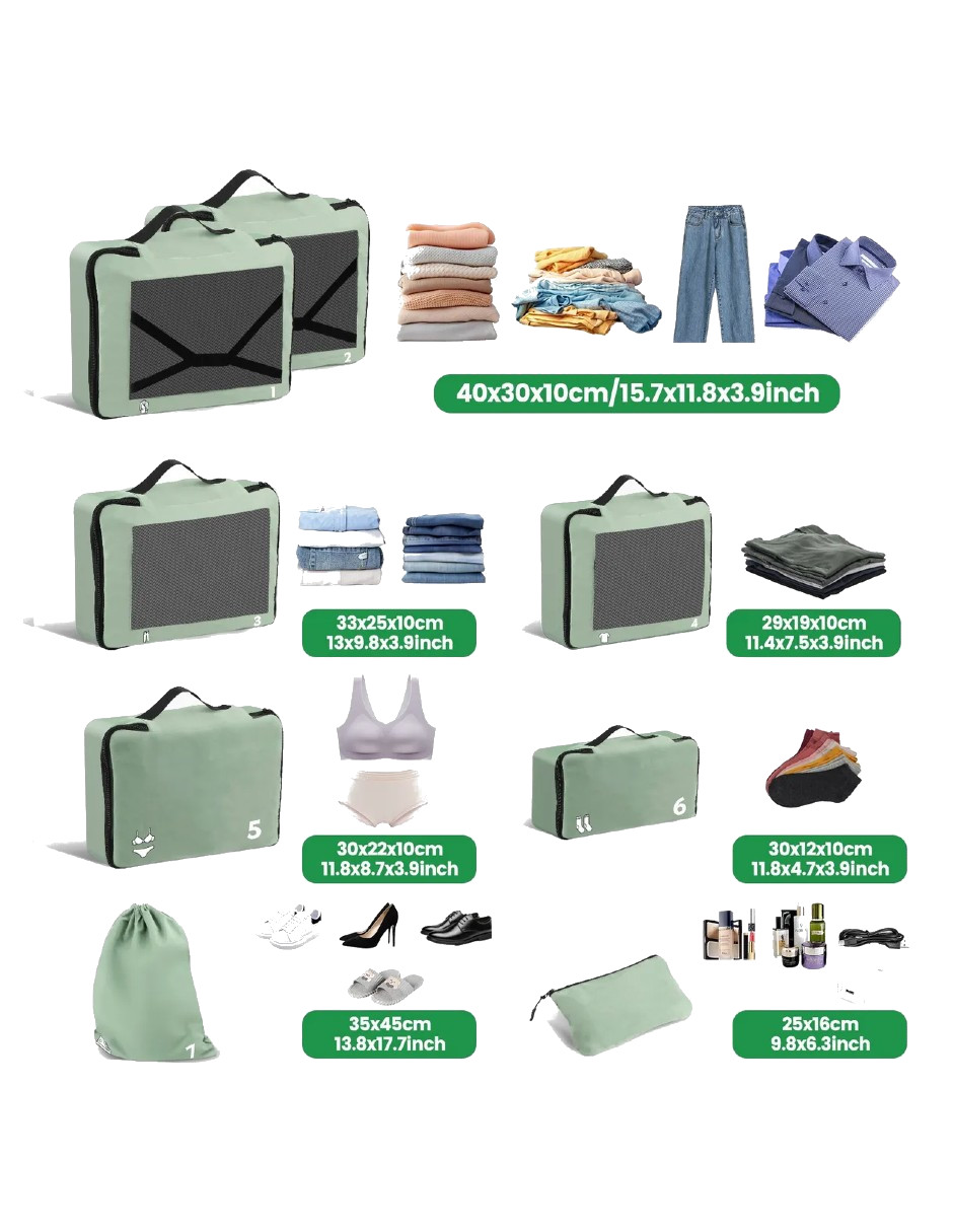 Foto 4 pulgar | 8pcs Bolsas Organizadoras De Maletas Viaje Verde