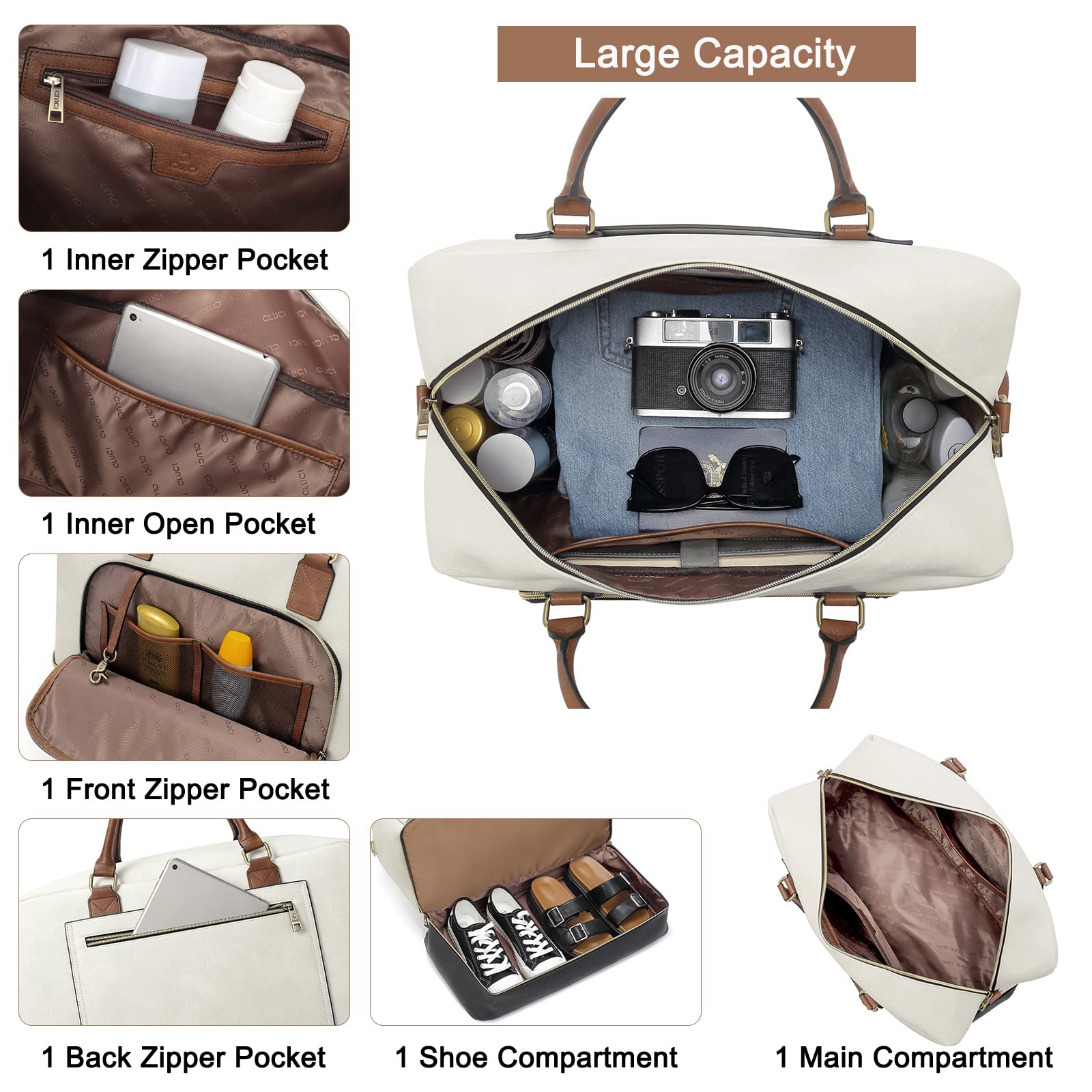 Foto 5 pulgar | Bolsa De Viaje Cluci De Piel Extragrande Weekender Beige - Venta Internacional.