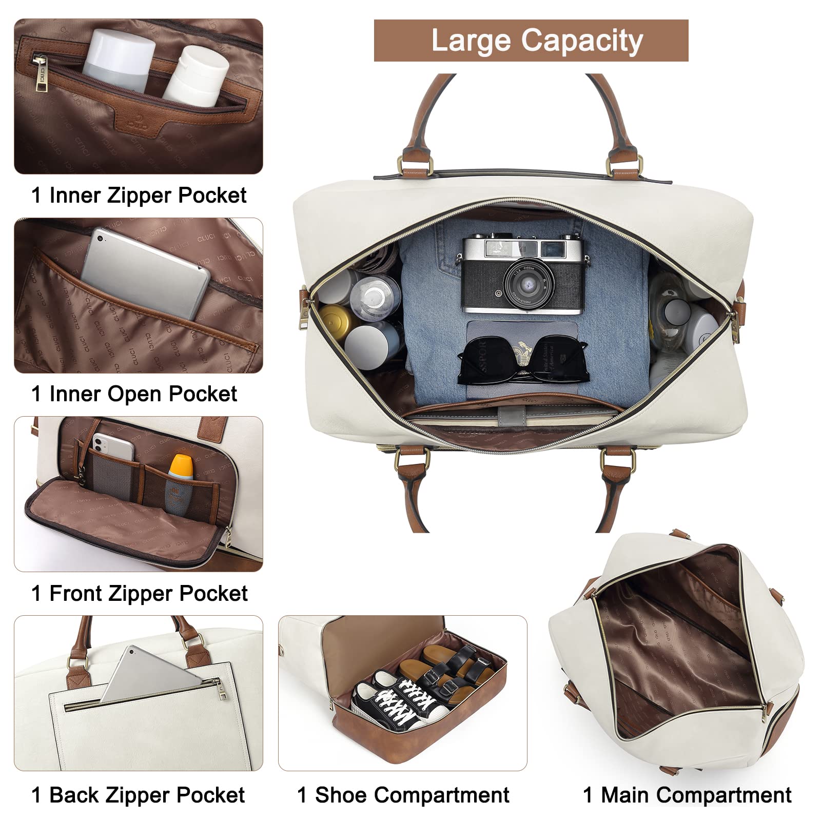 Foto 5 pulgar | Bolsa De Viaje Cluci De Piel Extragrande Weekender Beige - Venta Internacional.