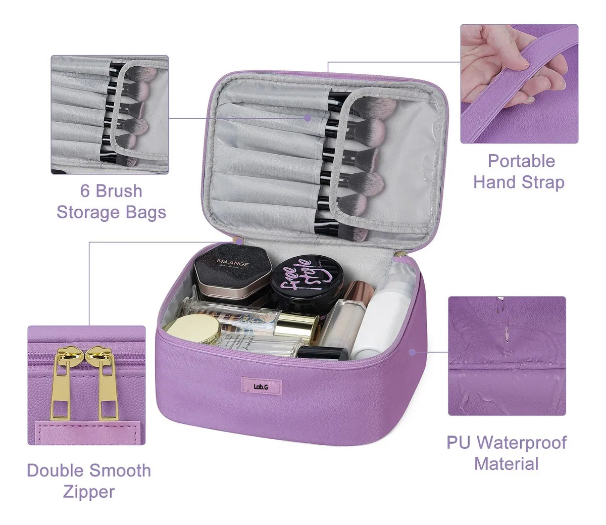 Foto 5 pulgar | 3pcs Cosmetiquera Lab.g Neceser Estuches De Maquillaje Bolsa Violeta