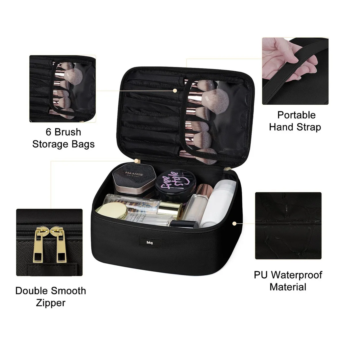 Foto 6 pulgar | 3pcs Cosmetiquera Belugneceser Estuches De Maquillaje Bolsa Negro