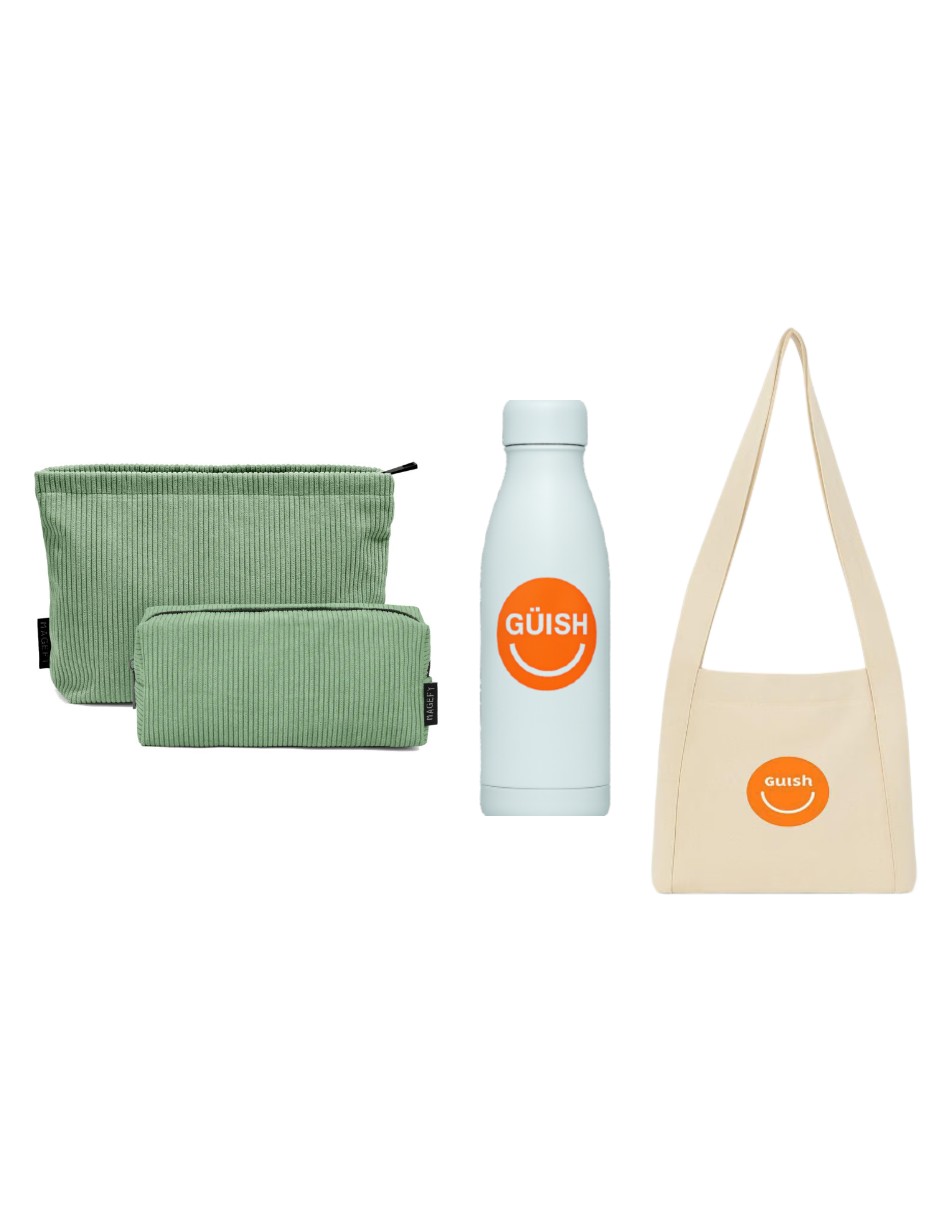 Kit Cosmetiquera Verde 2pcs + Tote Güish + + Termo Güish Blanco De Regalo