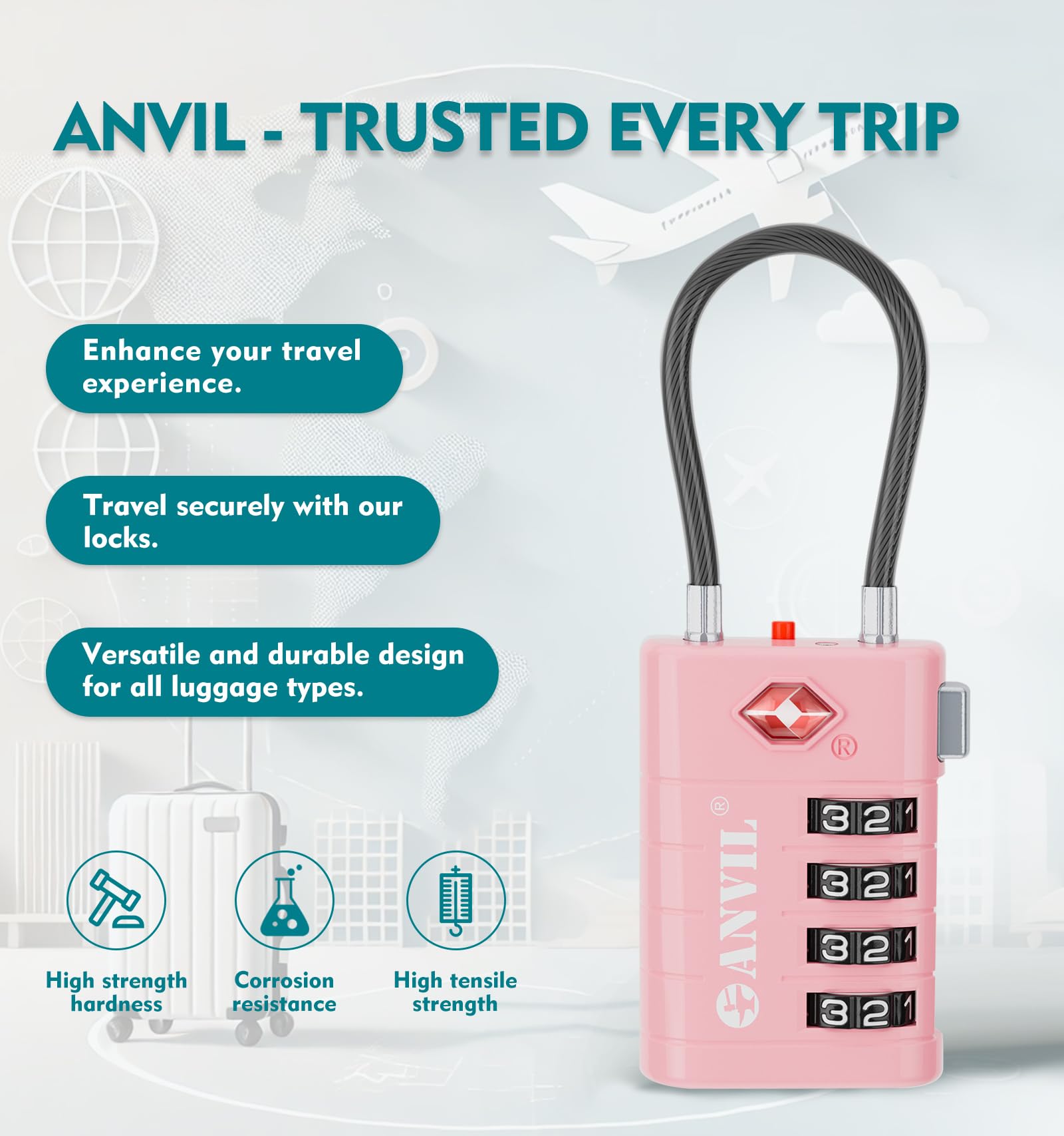 Foto 4 | Candado Para Equipaje Anvil Tsa008 Core, Combinación De 4 Dígitos, Rosa (2) - Venta Internacional.