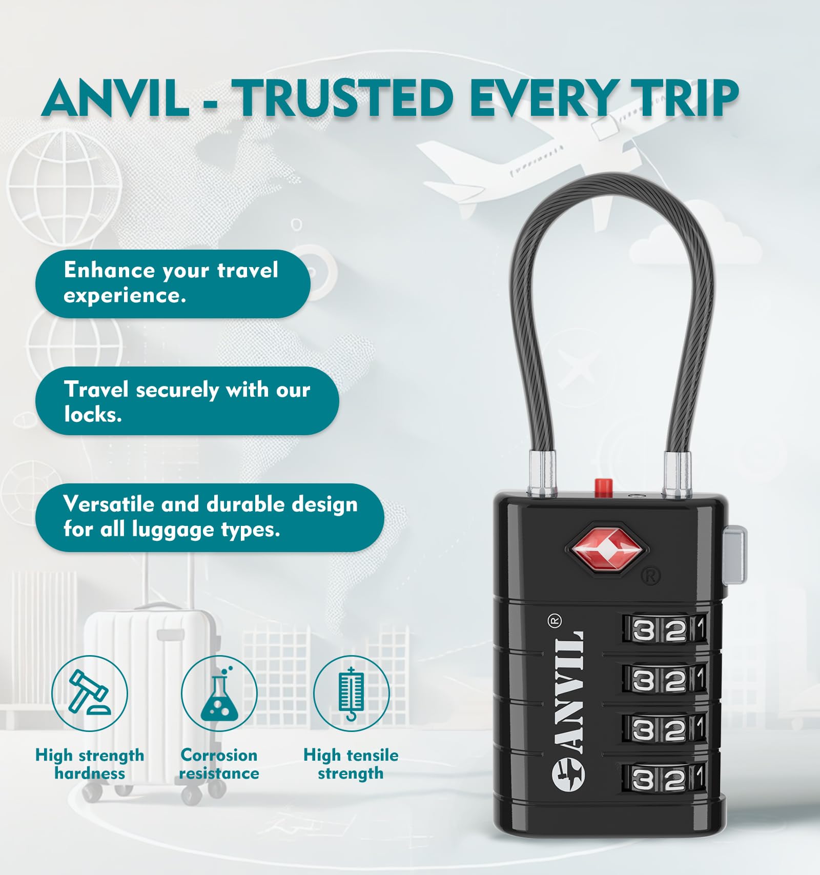 Foto 4 | Candado De Equipaje Anvil Tsa008 Core Con Combinación De 4 Dígitos (paquete De 2) - Venta Internacional.