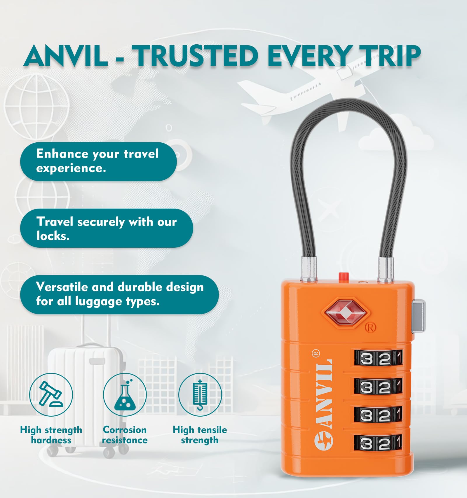 Foto 4 | Candado De Equipaje Anvil Tsa008 Core Con Combinación De 4 Dígitos Naranja (2) - Venta Internacional.