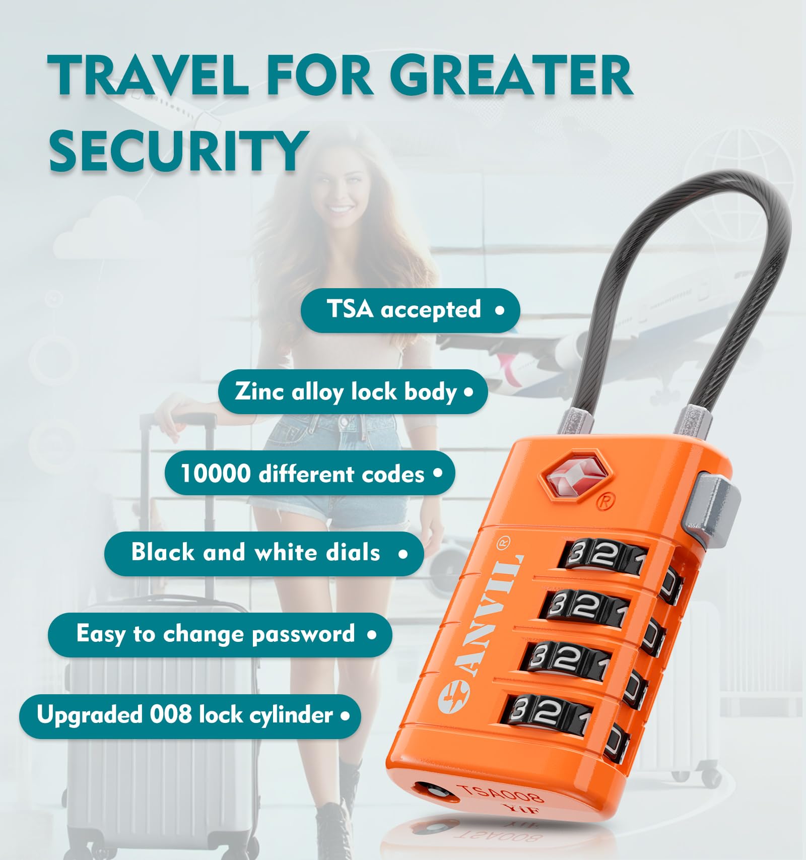 Foto 5 | Candado De Equipaje Anvil Tsa008 Core Con Combinación De 4 Dígitos Naranja (2) - Venta Internacional.