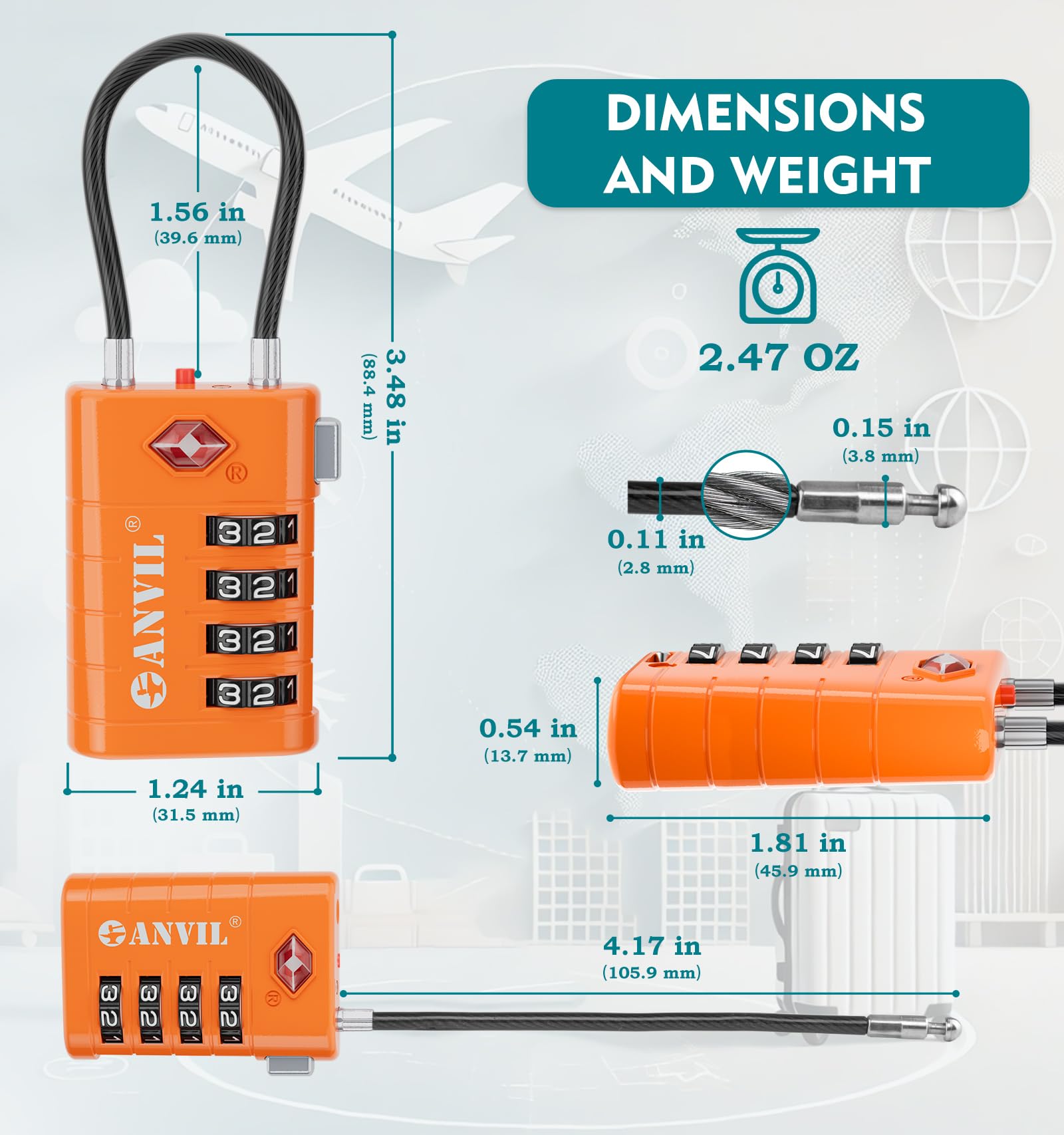 Foto 7 | Candado De Equipaje Anvil Tsa008 Core Con Combinación De 4 Dígitos Naranja (2) - Venta Internacional.