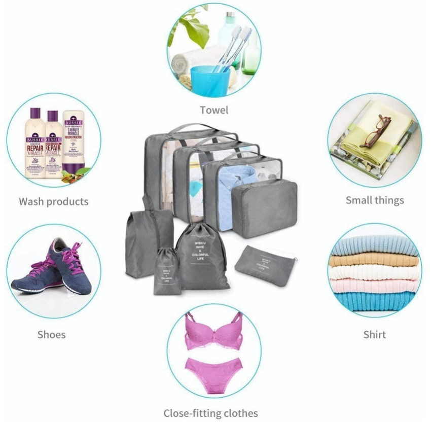 Foto 7 | Bolsas Organizadoras de Maletas FUNBU para Viaje Impermeable Gris 8 Piezas
