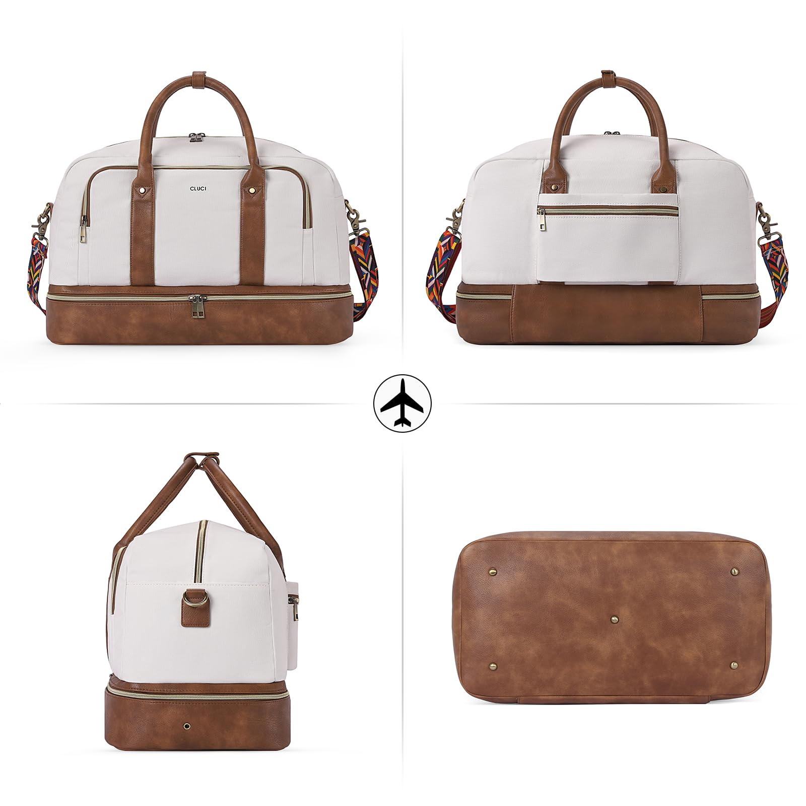 Foto 7 | Bolsa De Lona Cluci Weekender Para Mujer, Color Blanco Y Marrón - Venta Internacional.