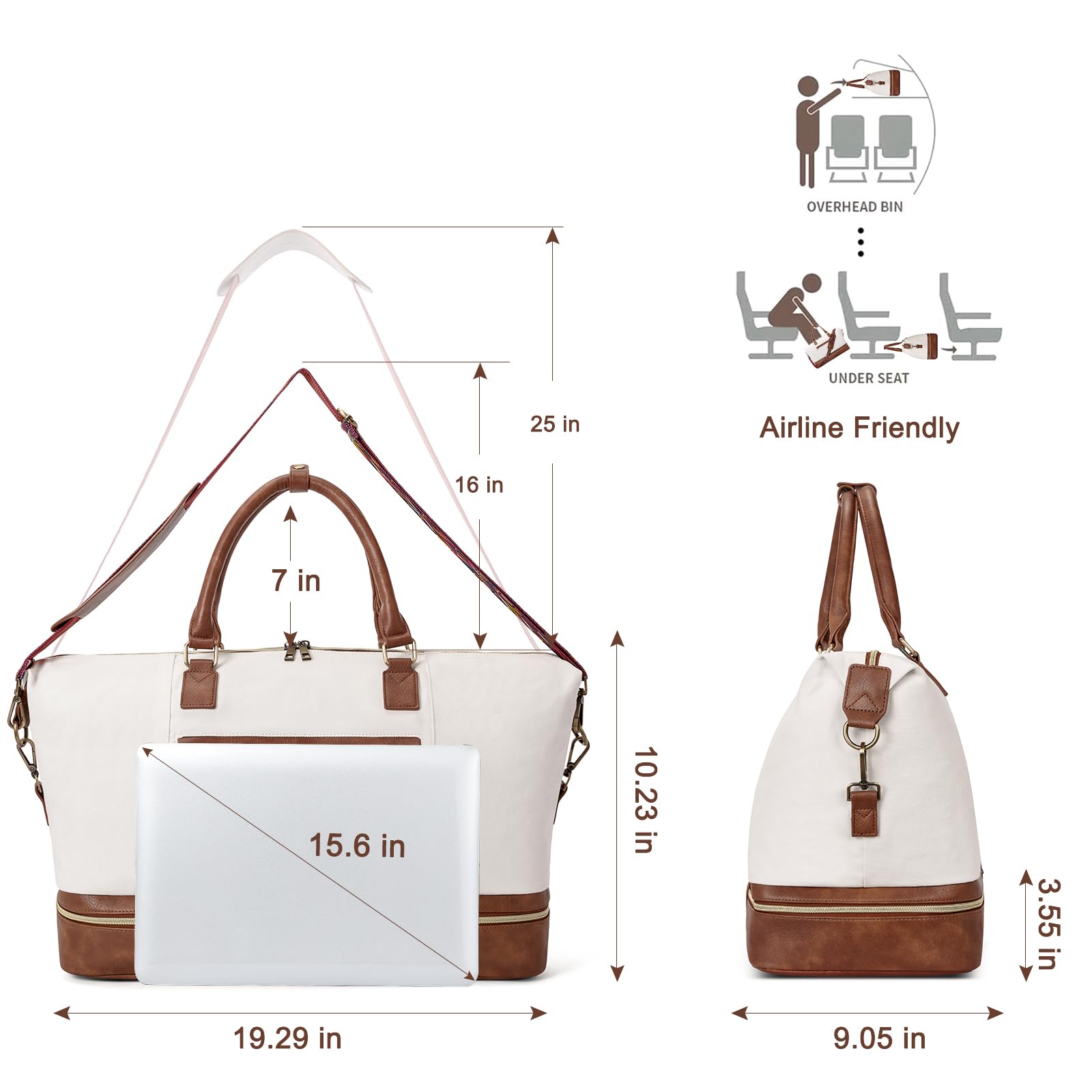 Foto 4 | Bolsa De Fin De Semana Cluci, Bolsa Para Ropa De Viaje, Lona, Blanco/marrón - Venta Internacional.