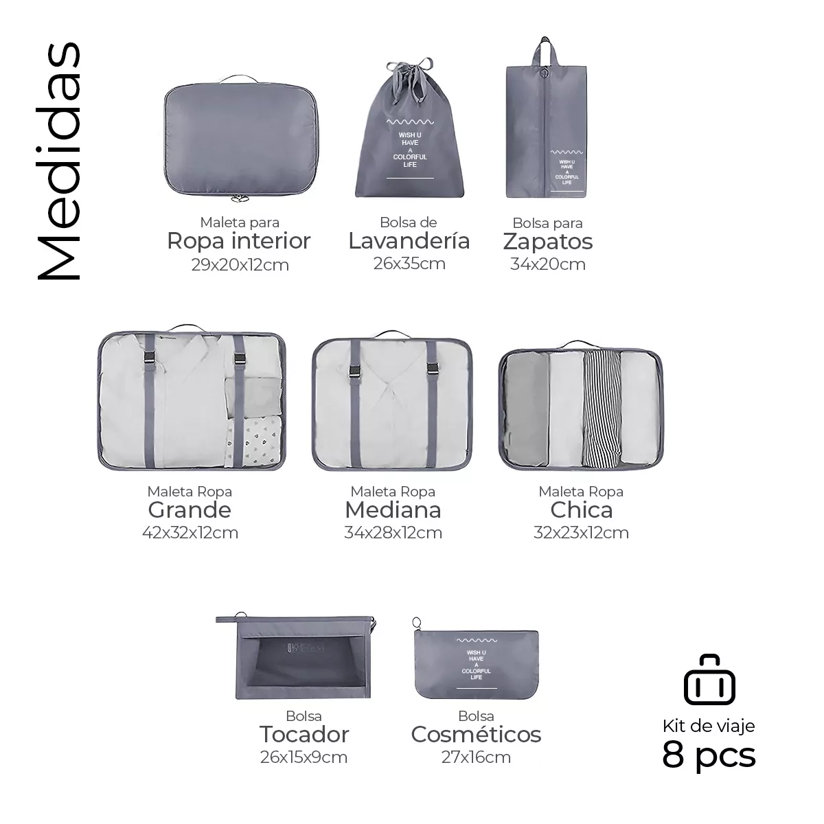 Foto 3 pulgar | Organizadores De Maletas Para Viaje Impermeable Set 8 Piezas Eo Safe Imports Esi-15048 Gris