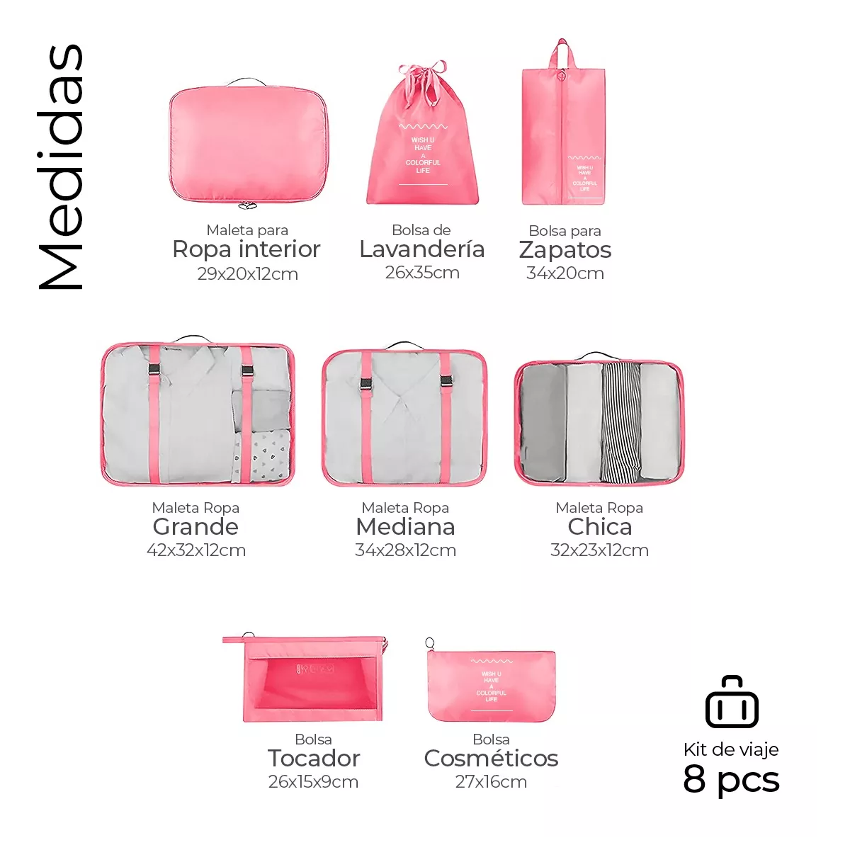 Foto 3 pulgar | Organizadores De Maletas Para Viaje Impermeable Set 8 Piezas Eo Safe Imports Esi-15050 Rosa