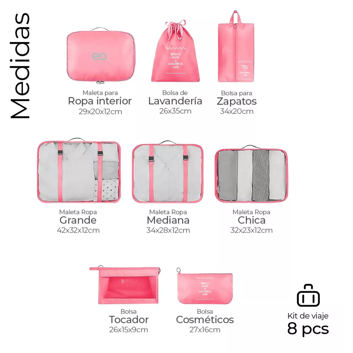 Foto 3 pulgar | Language Organizadores De Maletas Para Viaje Impermeable Set 8 Piezas Eo Safe Imports Esi-15050-1 Rosa