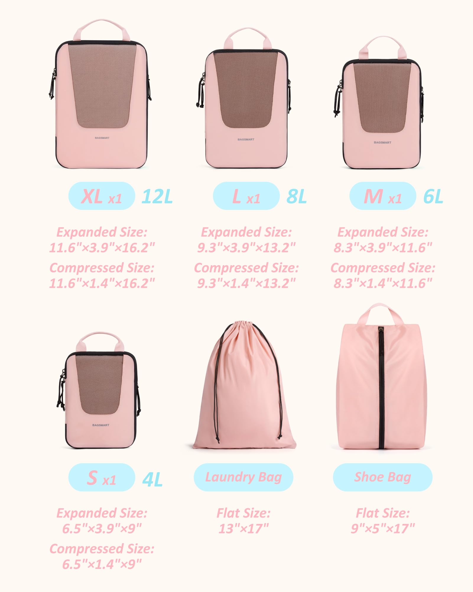 Foto 3 pulgar | Juego De 6 Cubos De Embalaje De Compresión Bagsmart Travel, Color Rosa - Venta Internacional.