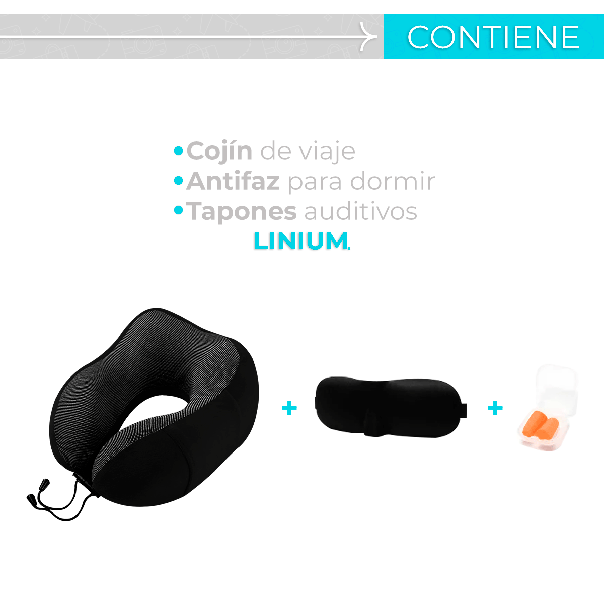 Foto 3 | Almohada para Viaje Linum KITVIAJENE 100% Memory Foam Negro + Accesorios