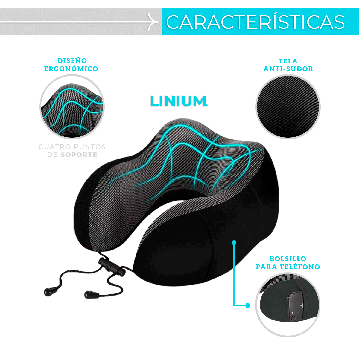 Foto 5 | Almohada para Viaje Linum KITVIAJENE 100% Memory Foam Negro + Accesorios