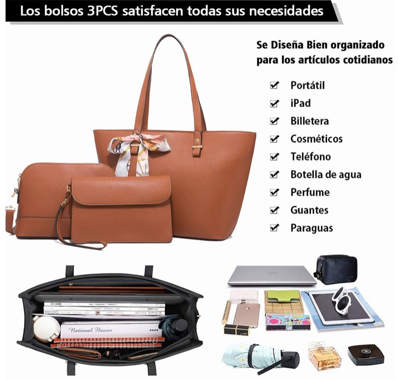 Foto 4 pulgar | Set De Tote Bolsa Para Laptop 3pcs De Cuero Mujer Café