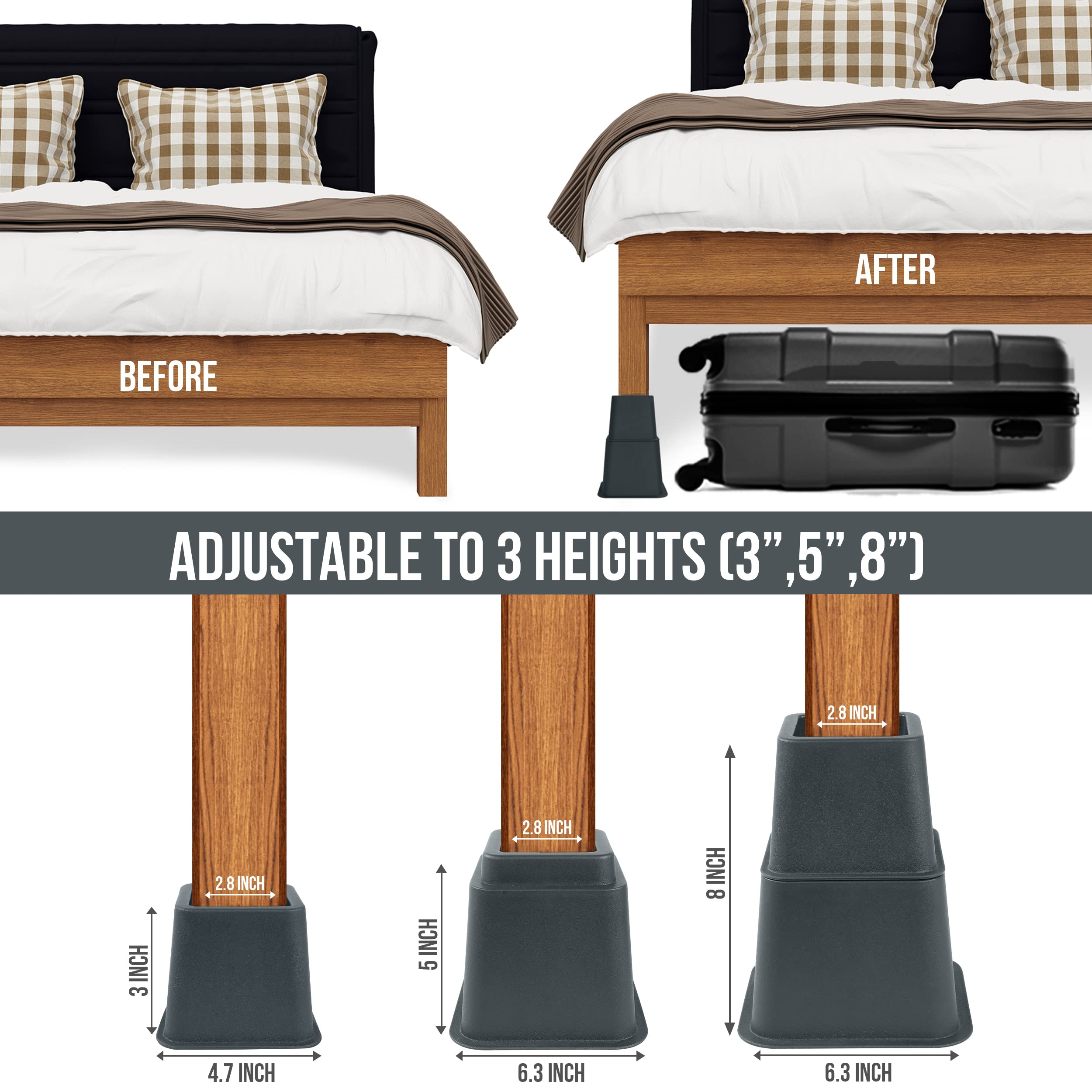 Foto 5 pulgar | Cama Ajustable Furniture Risers Utopia Bedding De 3, 5 U 8 Pulgadas (juego De 4 Elevadores, Gris) - Venta Internacional.