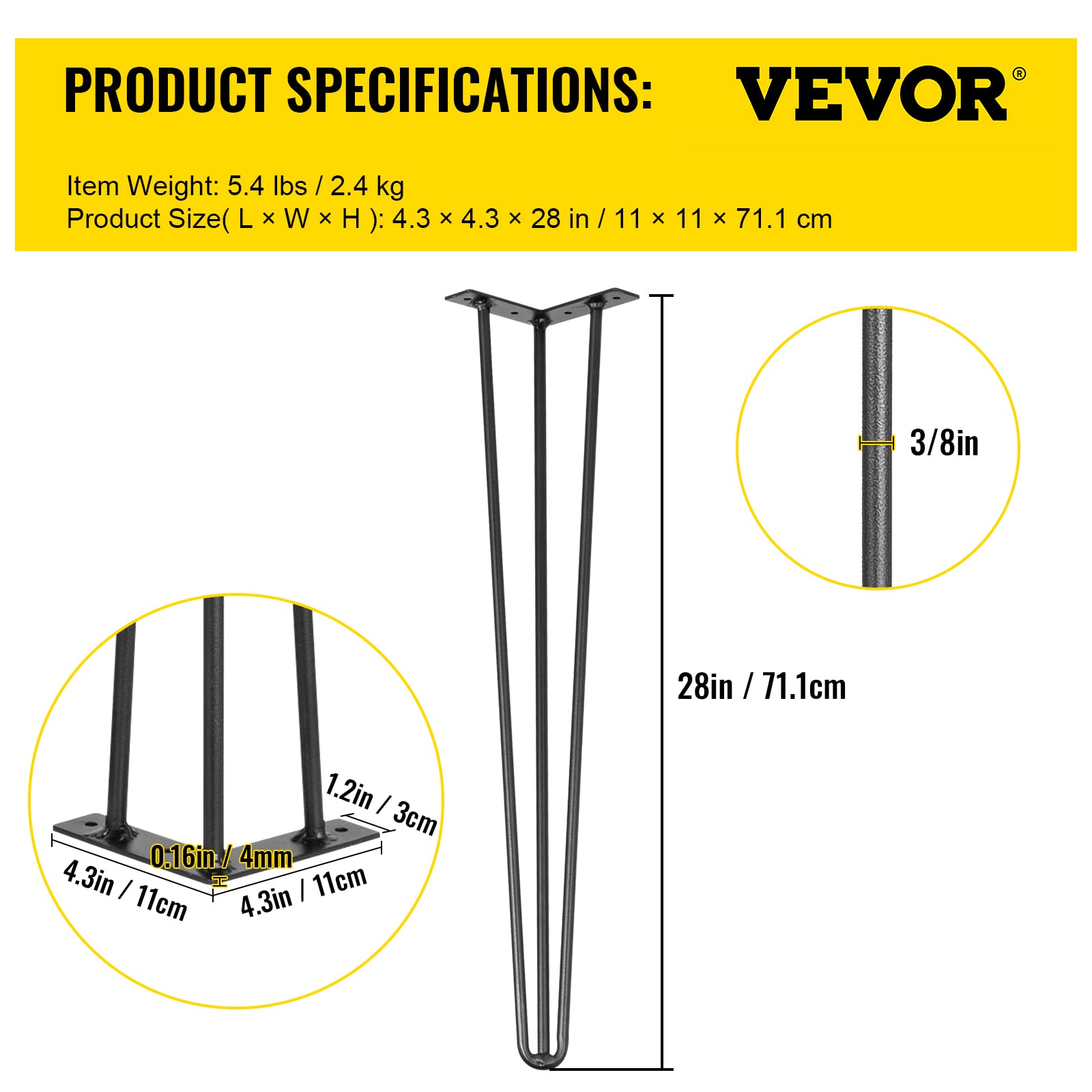 Foto 7 | Patas De Mesa Vevor Hairpin De Acero Al Carbono Negro De 71,1 Cm, Juego De 4 Unidades - Venta Internacional.